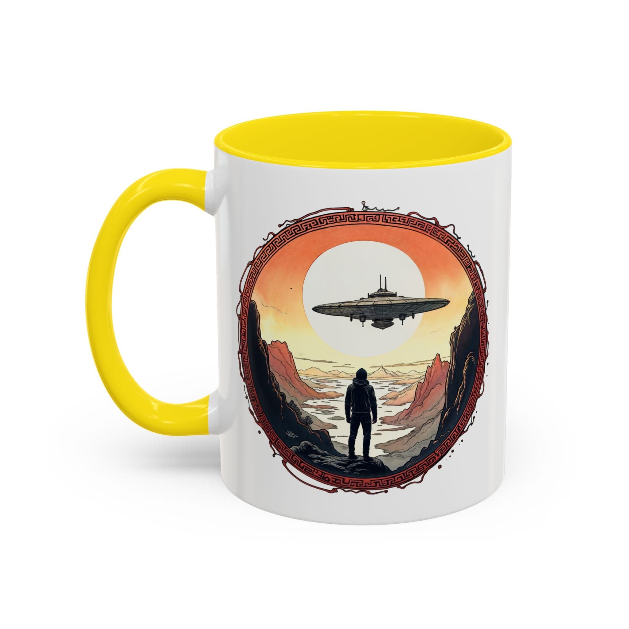 Printify Mug 11oz / Yellow UFO Coffee Mug with Silly Missing Socks Quote for Skeptical Believers - Who Adore Unique Quirky Hilarious Alien Humor QR Code Quote Video