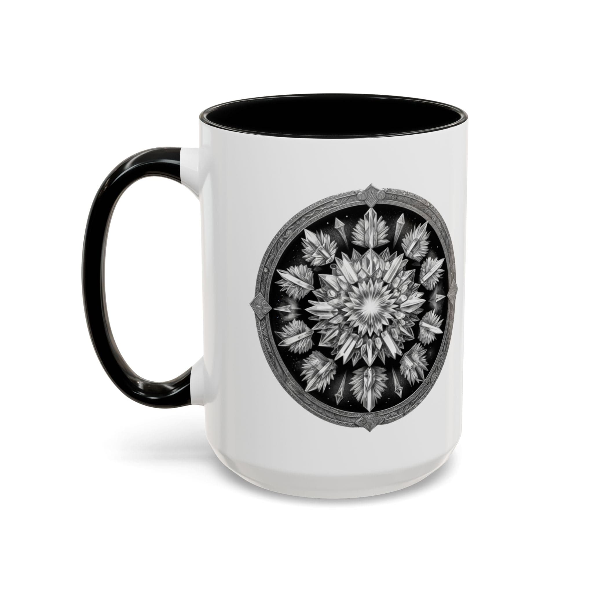 Printify Mug 15oz / Black Clear Quartz Gemstone Coffee Mug with Empowering Quote and QR Code Perfect for Crystal Manifestation and Meditation Enthusiasts