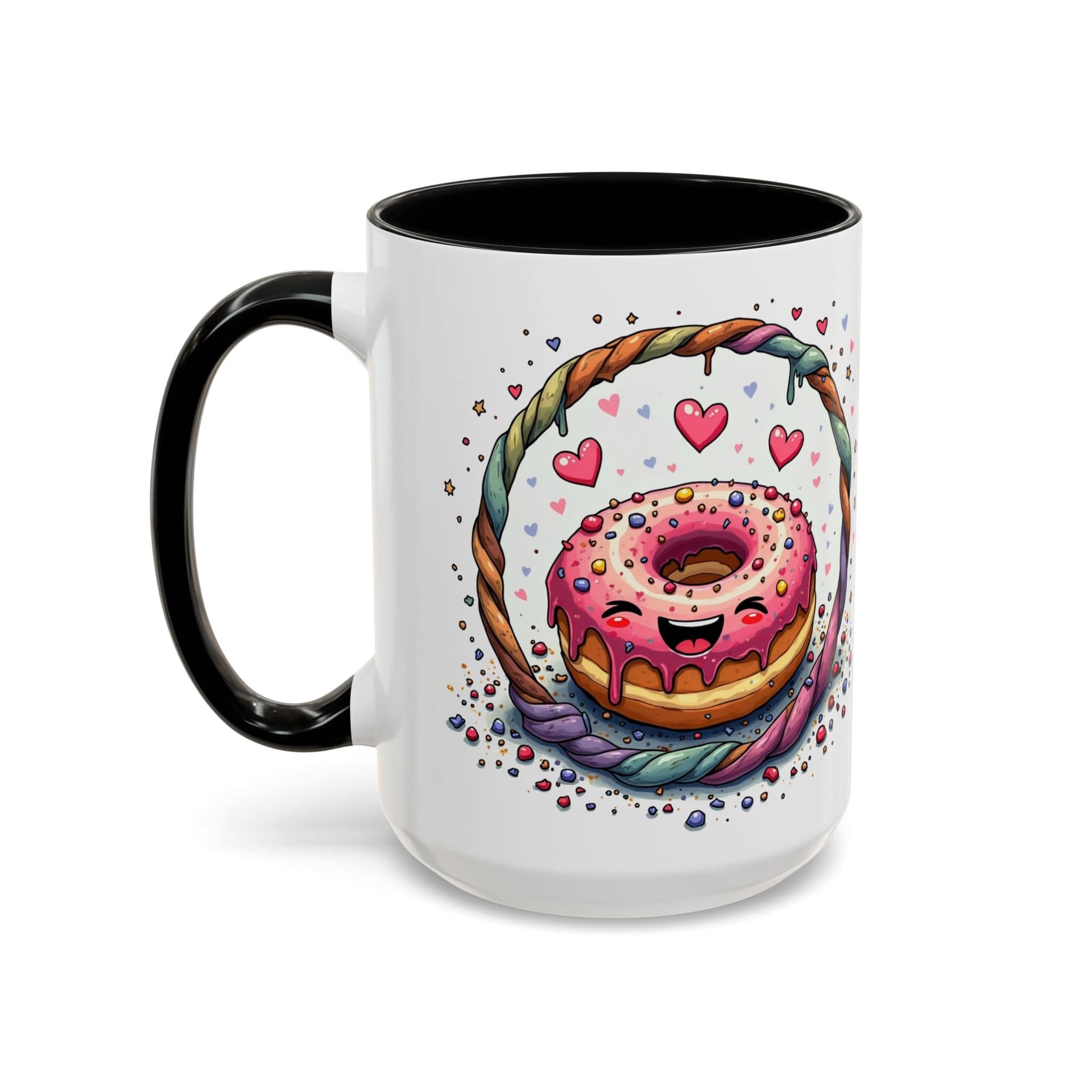 Printify Mug 15oz / Black Mug - Donut Worry - Love & Fun Mug with QR Code Quote Video