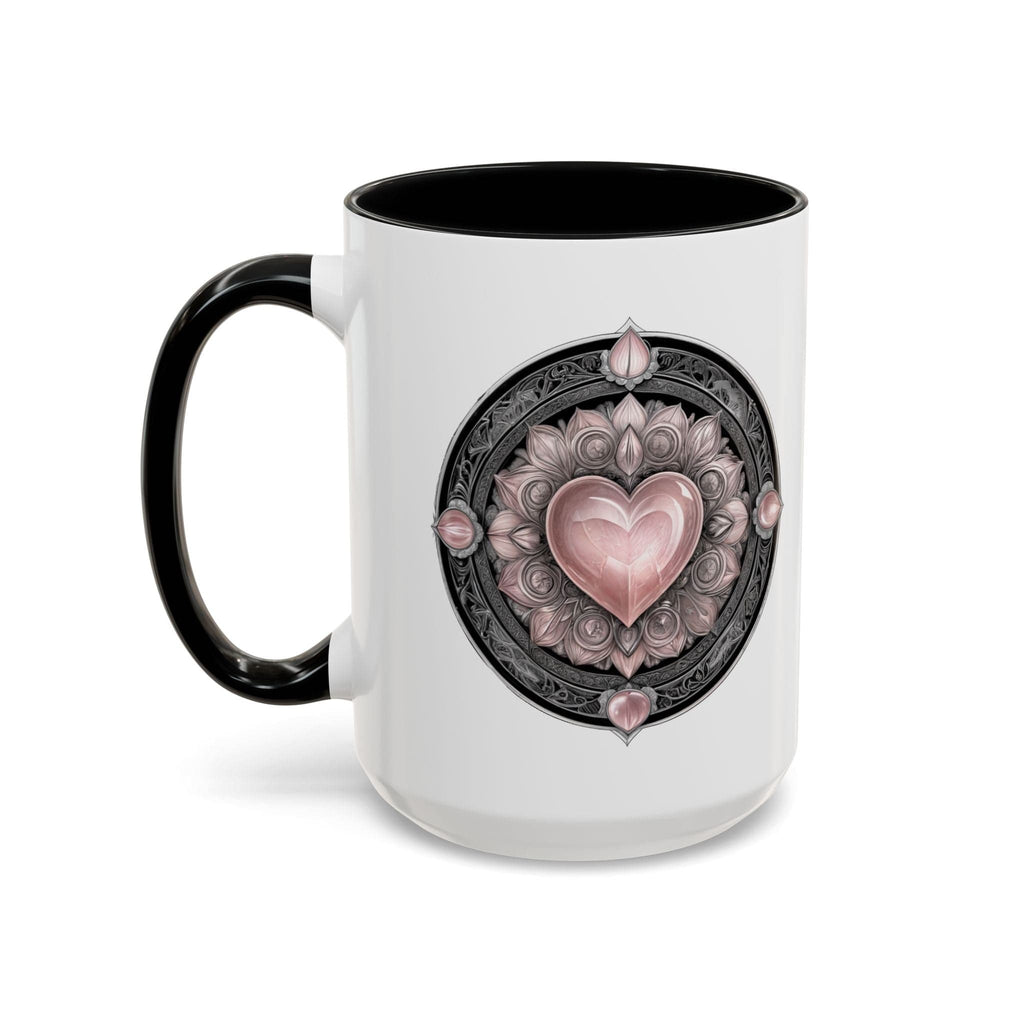 Printify Mug 15oz / Black Rose Quartz Love Crystal Coffee Mug with Heartwarming Quote and QR Code Beautiful Gemstone Gift for Valentines Day or Mothers Day