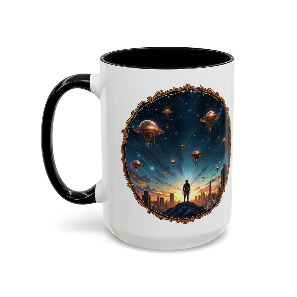 Printify Mug 15oz / Black UFO Coffee Mug Featuring Alien Family Reunion Quote - for Intergalactic Traveler Who Love Unique Quirky Gift Alien Jokes QR Code Quote Video