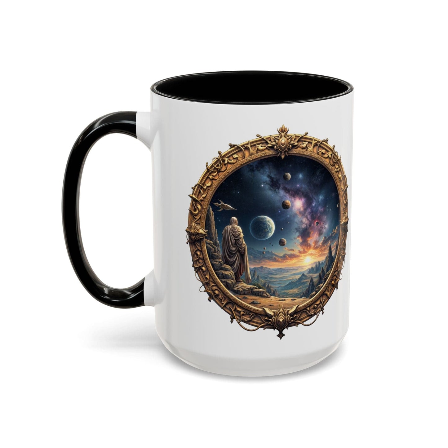 Printify Mug 15oz / Black UFO Coffee Mug with Earth Pizza Quote for Space Enthusiasts - Who Love Unique Gift Funny Intergalactic Space Humor QR Code Quote Video
