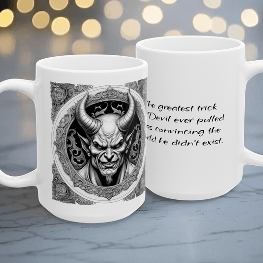 Printify Mug 15oz Devil Art Ceramic Mug, Motivational Quote Cup, Coffee Lover Gift, Unique Home Decor, Inspirational Beverage, 11oz 15oz, Devils Advocate Mug,