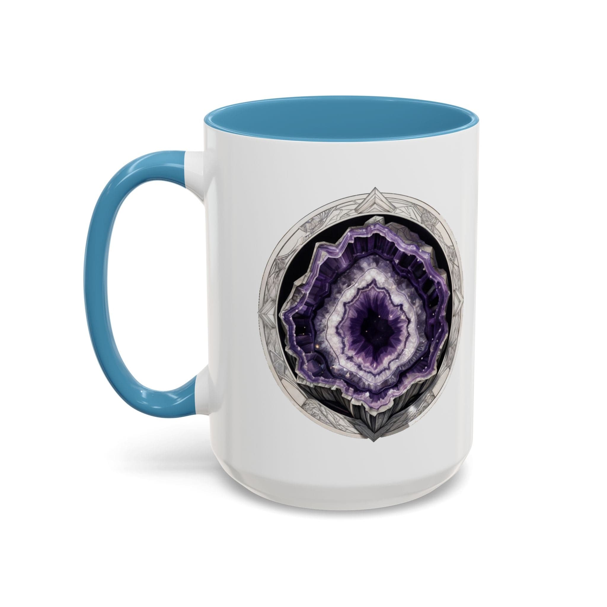 Printify Mug 15oz / Light Blue Amethyst Gemstone Coffee Mug with Inspirational Quote and QR Code Perfect Gift for Mindfulness Lovers and Crystal Spiritual Seekers