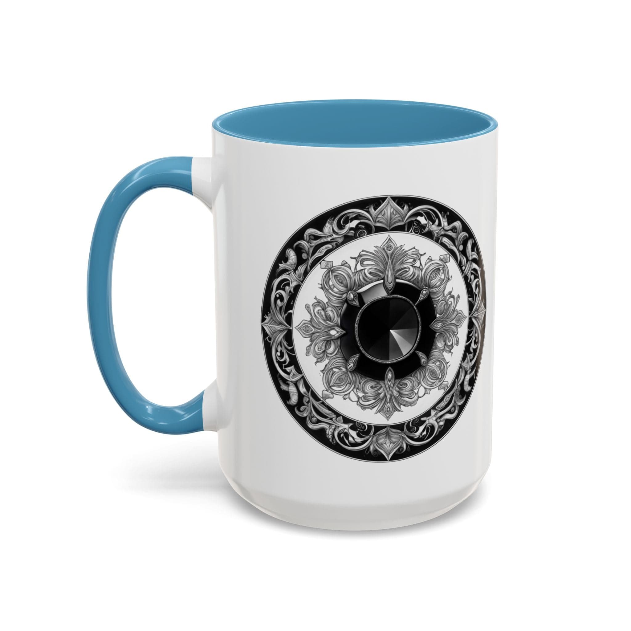 Printify Mug 15oz / Light Blue Black Tourmaline Gemstone Coffee Mug with Grounding Quote and QR Code Perfect Crystal Shield for Home and Office Unique Drinkware