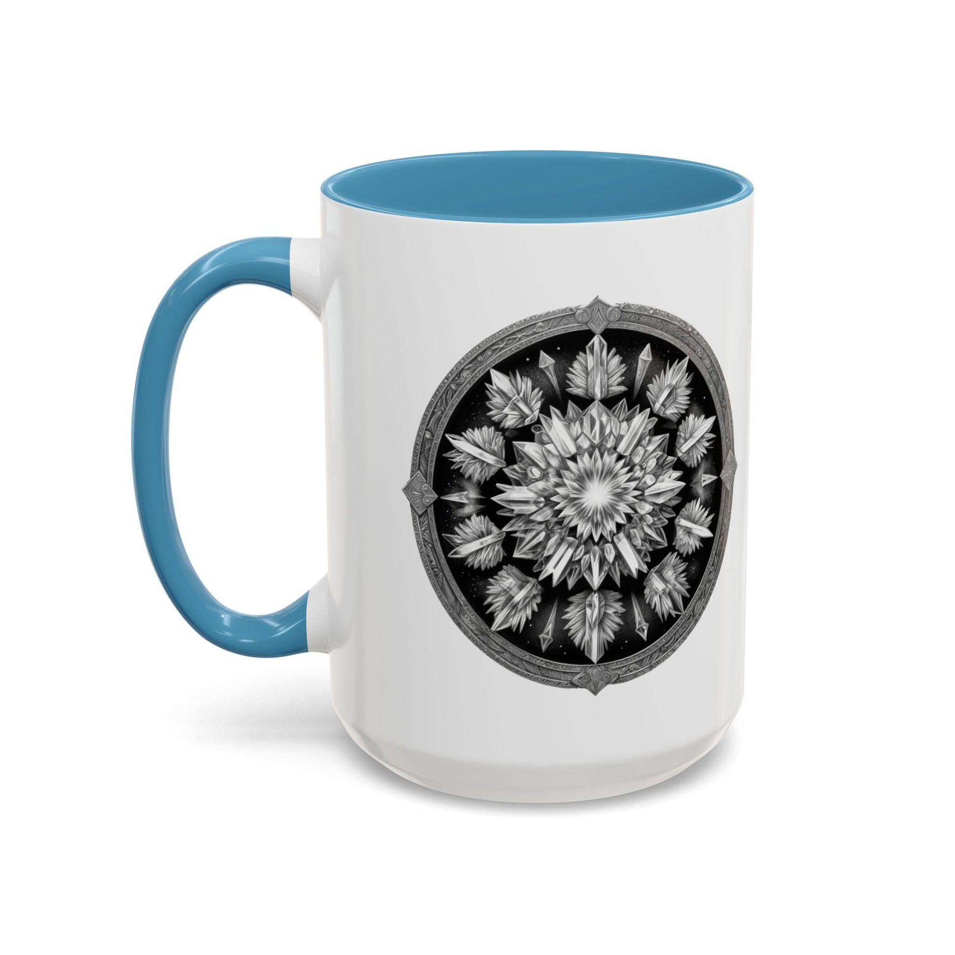 Printify Mug 15oz / Light Blue Clear Quartz Gemstone Coffee Mug with Empowering Quote and QR Code Perfect for Crystal Manifestation and Meditation Enthusiasts