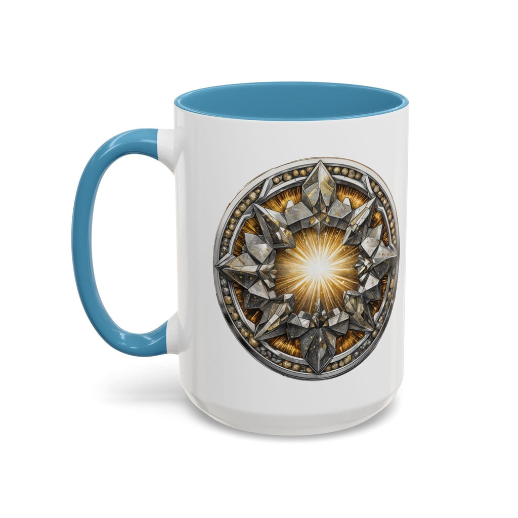 Printify Mug 15oz / Light Blue Pyrite Gemstone Coffee Mug with Uplifting Quote and QR Code Perfect for Achievers and Positive Vibes Enthusiasts Crystal Lovers