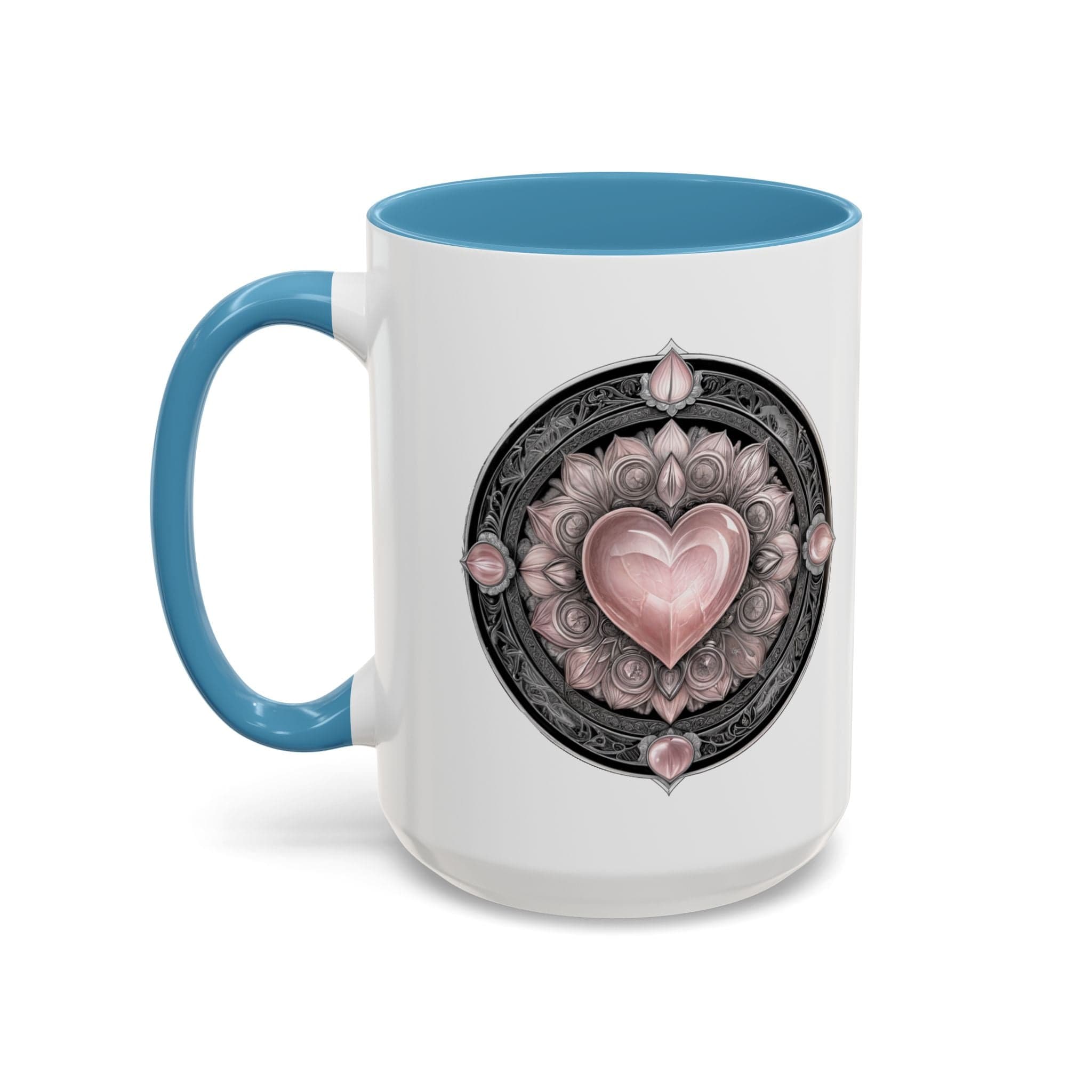 Printify Mug 15oz / Light Blue Rose Quartz Love Crystal Coffee Mug with Heartwarming Quote and QR Code Beautiful Gemstone Gift for Valentines Day or Mothers Day
