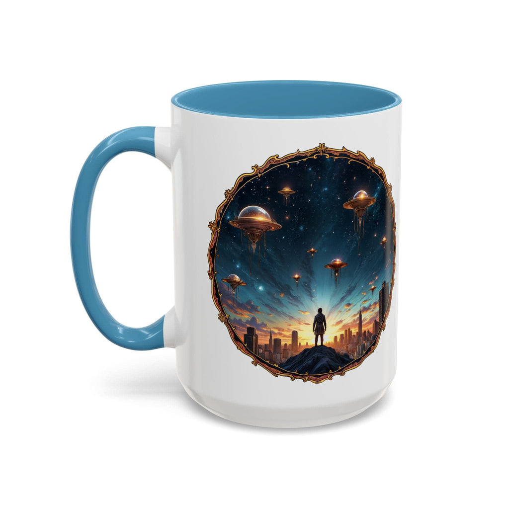 Printify Mug 15oz / Light Blue UFO Coffee Mug Featuring Alien Family Reunion Quote - for Intergalactic Traveler Who Love Unique Quirky Gift Alien Jokes QR Code Quote Video
