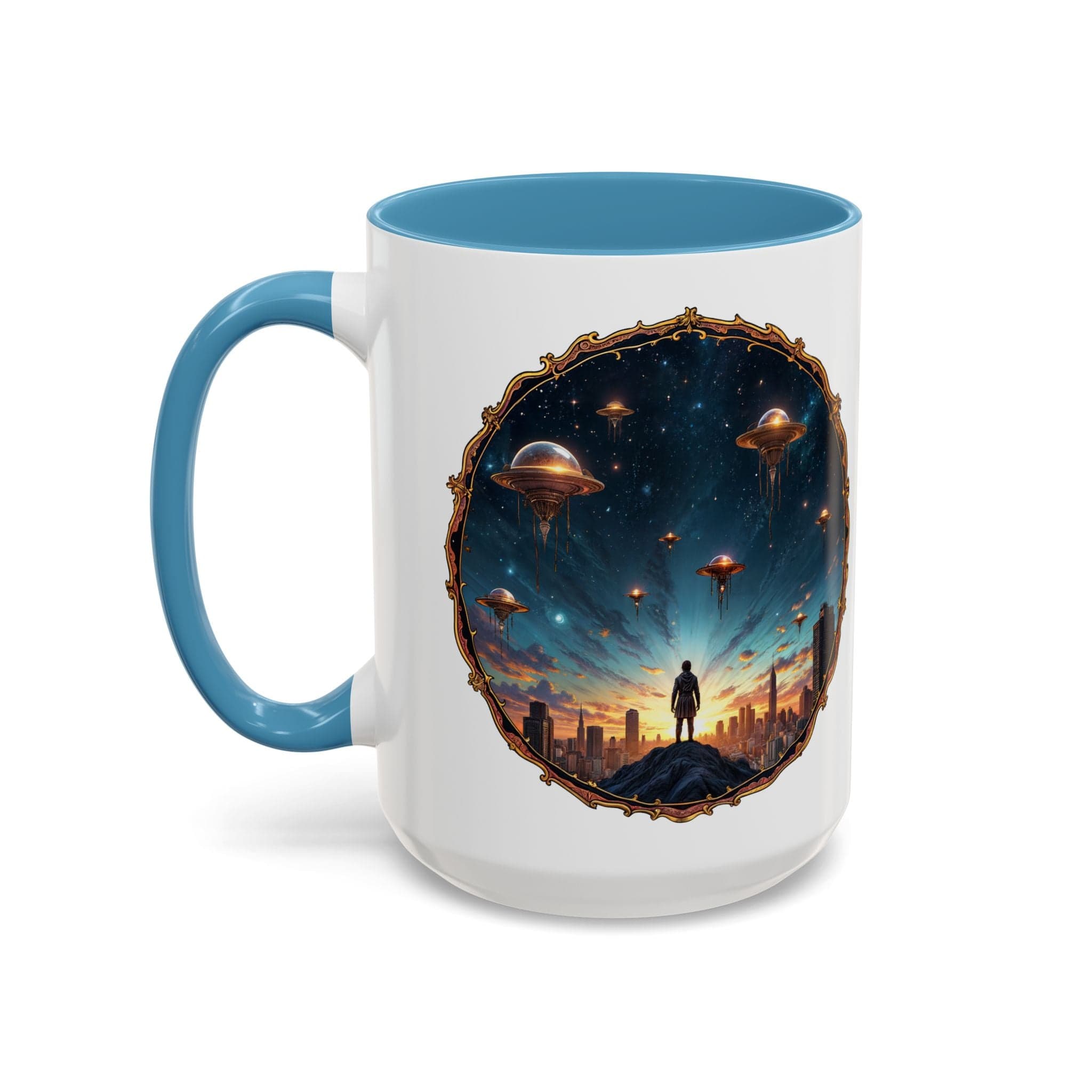 Printify Mug 15oz / Light Blue UFO Coffee Mug Featuring Alien Family Reunion Quote - for Intergalactic Traveler Who Love Unique Quirky Gift Alien Jokes QR Code Quote Video