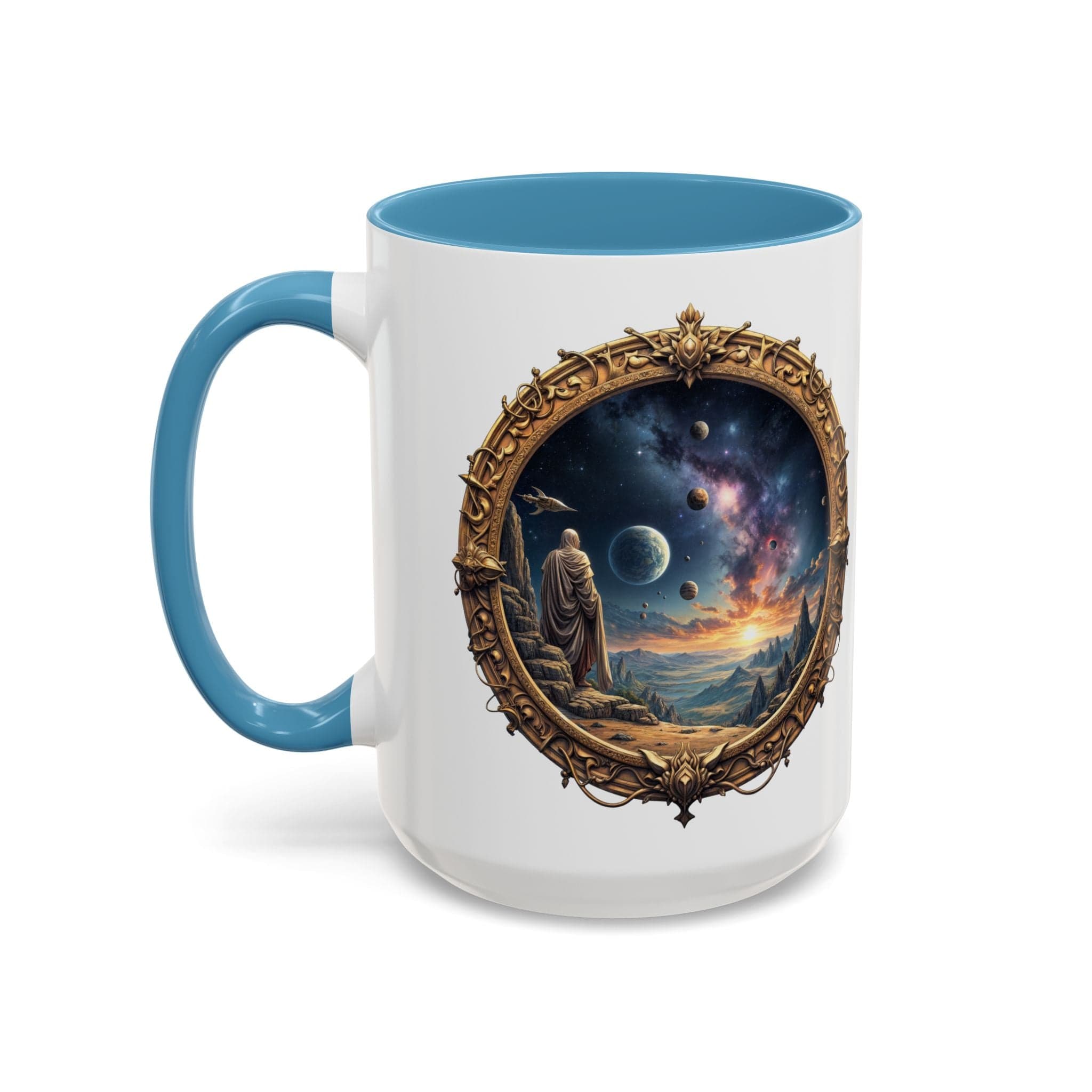 Printify Mug 15oz / Light Blue UFO Coffee Mug with Earth Pizza Quote for Space Enthusiasts - Who Love Unique Gift Funny Intergalactic Space Humor QR Code Quote Video