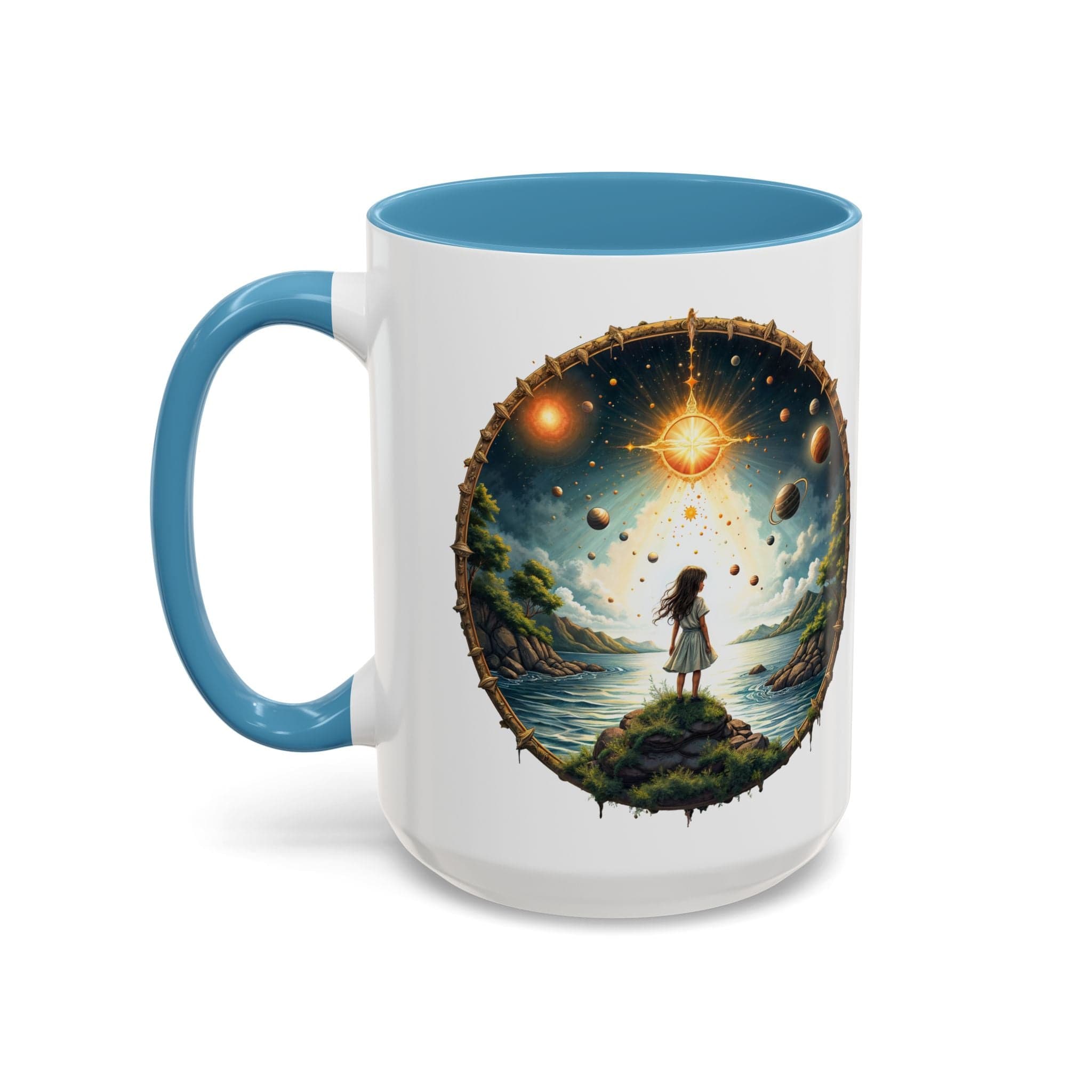 Printify Mug 15oz / Light Blue UFO Coffee Mug with Exploring the Final Frontier Quote - Space Enthusiasts Who Enjoy Unique Gifts Hilarious Space Puns QR Code Quote Video