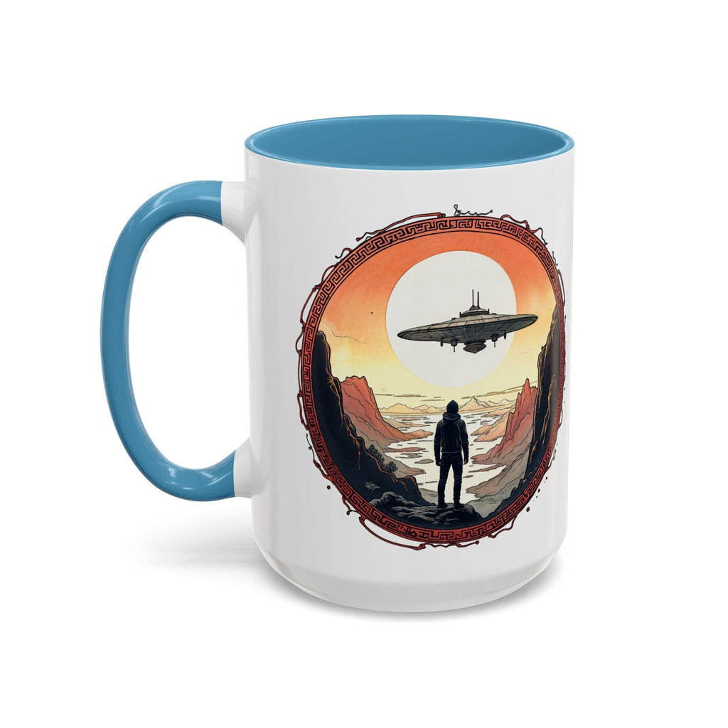 Printify Mug 15oz / Light Blue UFO Coffee Mug with Silly Missing Socks Quote for Skeptical Believers - Who Adore Unique Quirky Hilarious Alien Humor QR Code Quote Video