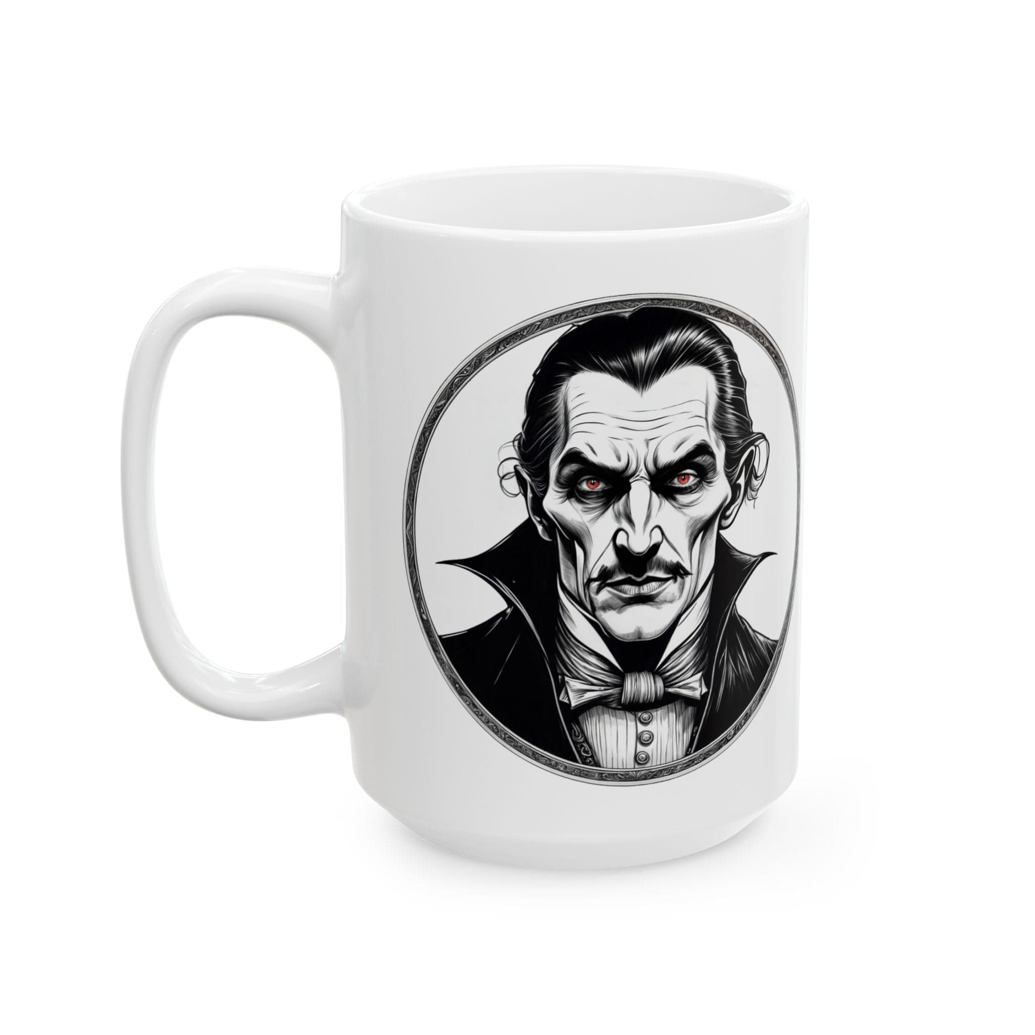 Printify Mug 15oz Mug - Dracula - Mysteries & Monsters Inspirational QR Code Quote Video