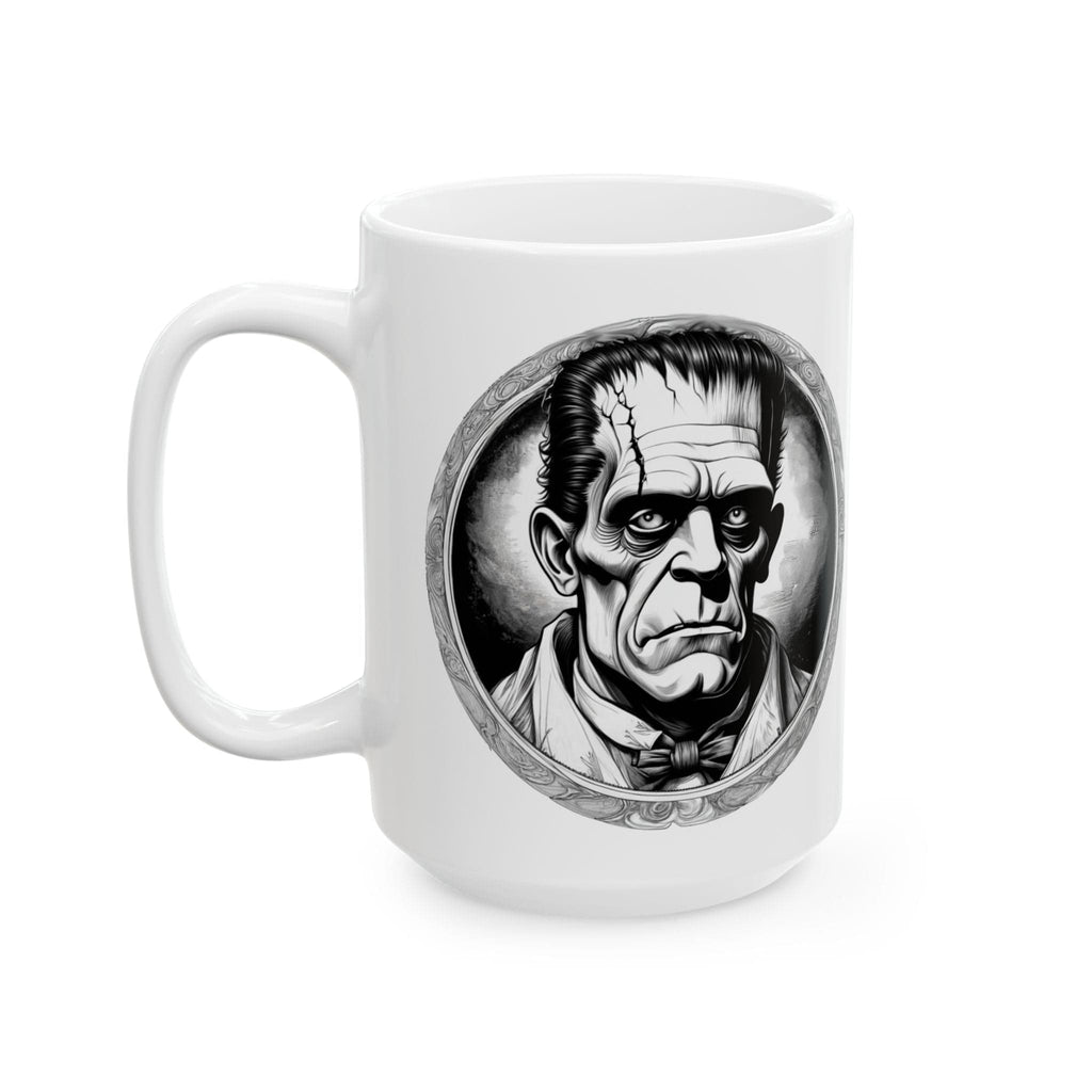 Printify Mug 15oz Mug - Frankenstein's Monster - Mysteries & Monsters Inspirational QR Code Quote Video