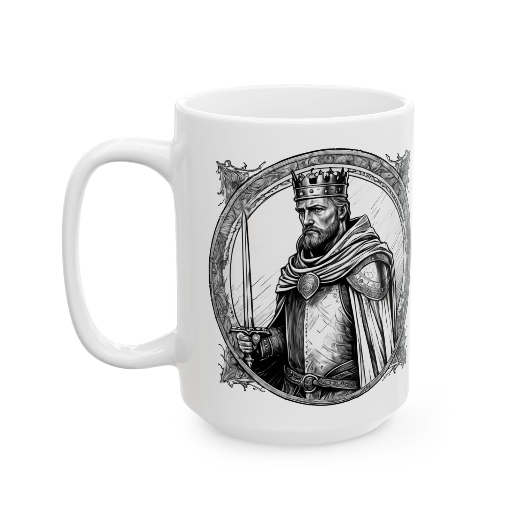 Printify Mug 15oz Mug - King Arthur - Heroes & Quests Motivational QR Code Quote Video