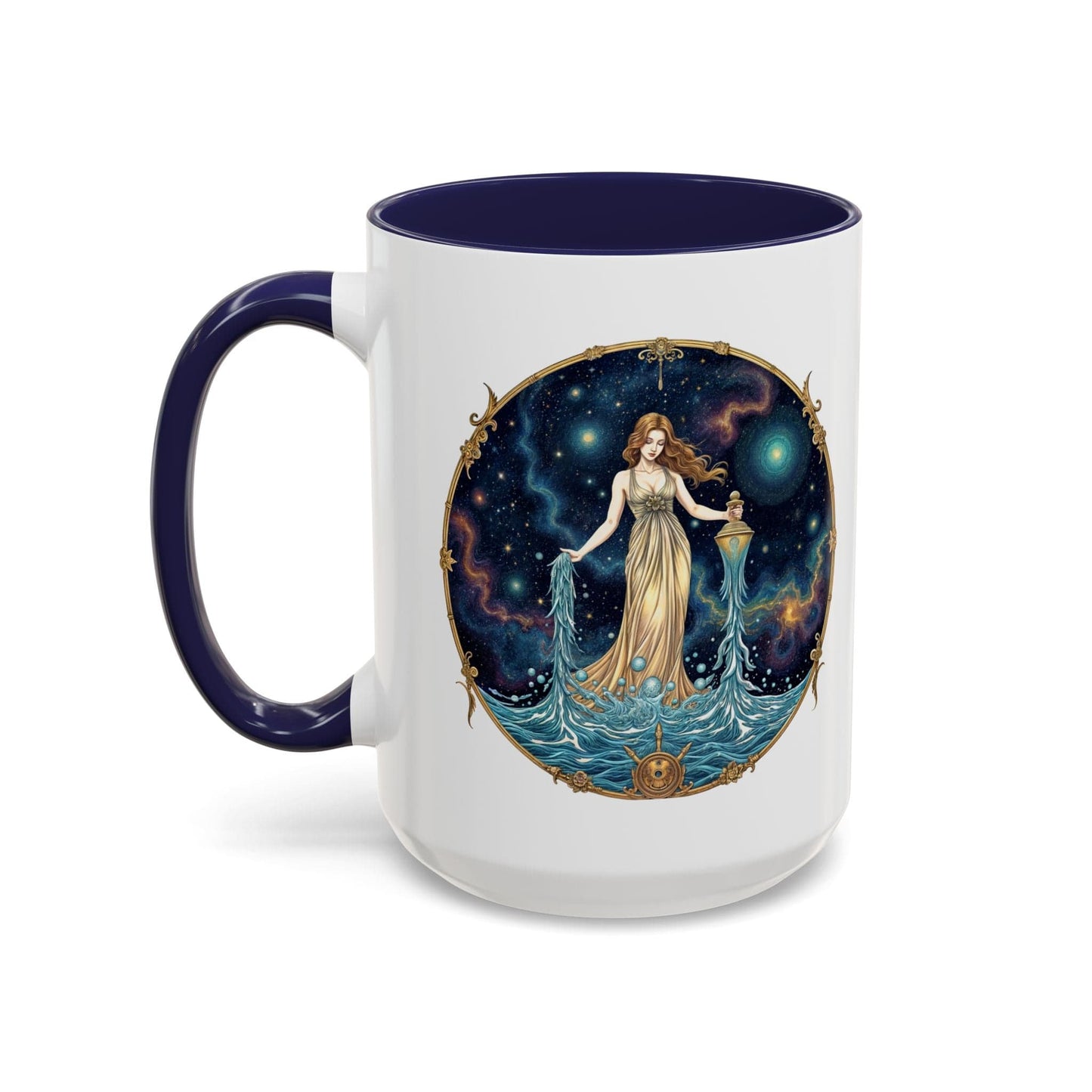Printify Mug 15oz / Navy Aquarius Zodiac Coffee Mug with Inspirational Quote and Smart QR Code Trendy Astrology Gift Personalized Horoscope Mug for Aquarius Lovers