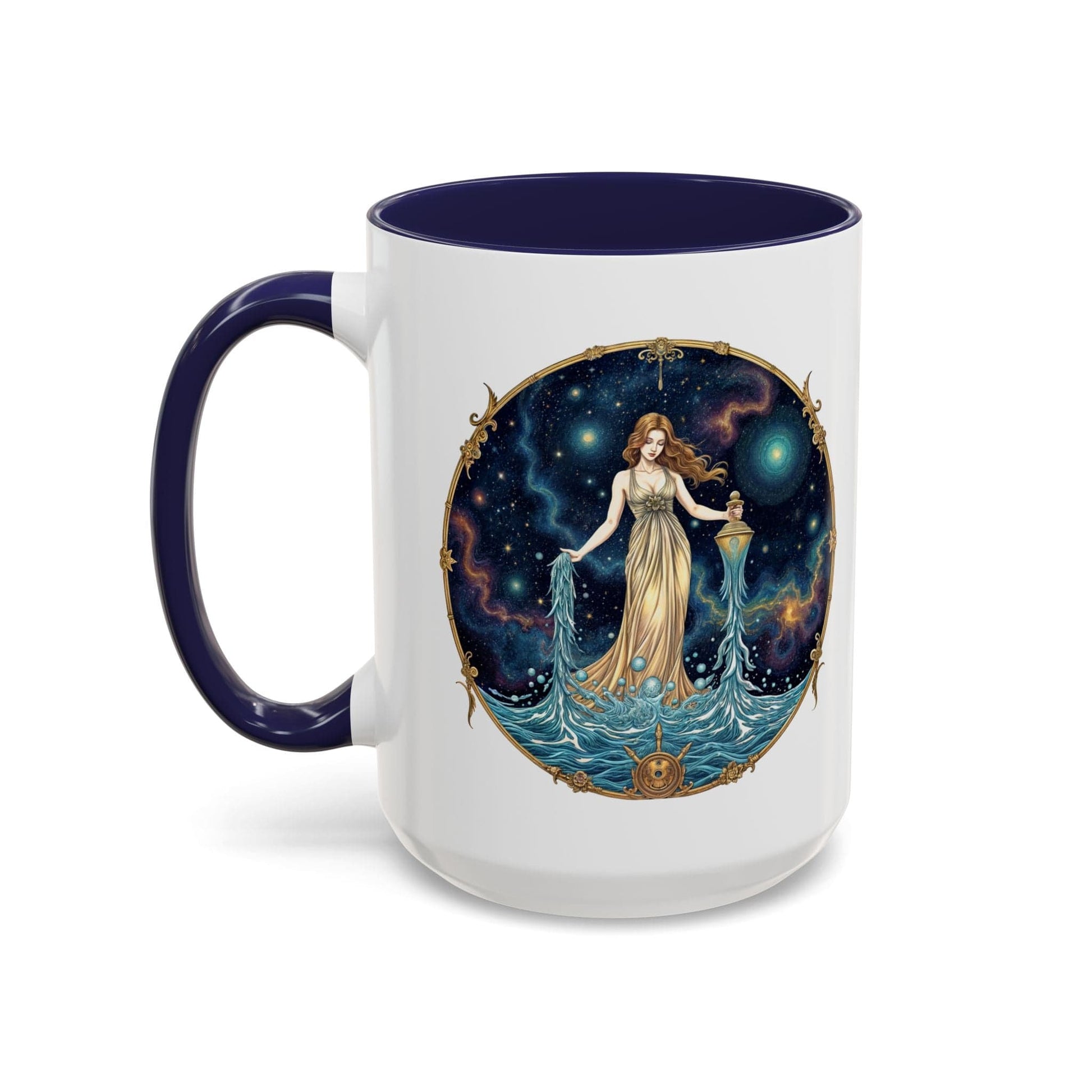 Printify Mug 15oz / Navy Aquarius Zodiac Coffee Mug with Inspirational Quote and Smart QR Code Trendy Astrology Gift Personalized Horoscope Mug for Aquarius Lovers