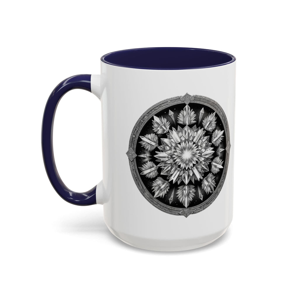 Printify Mug 15oz / Navy Clear Quartz Gemstone Coffee Mug with Empowering Quote and QR Code Perfect for Crystal Manifestation and Meditation Enthusiasts