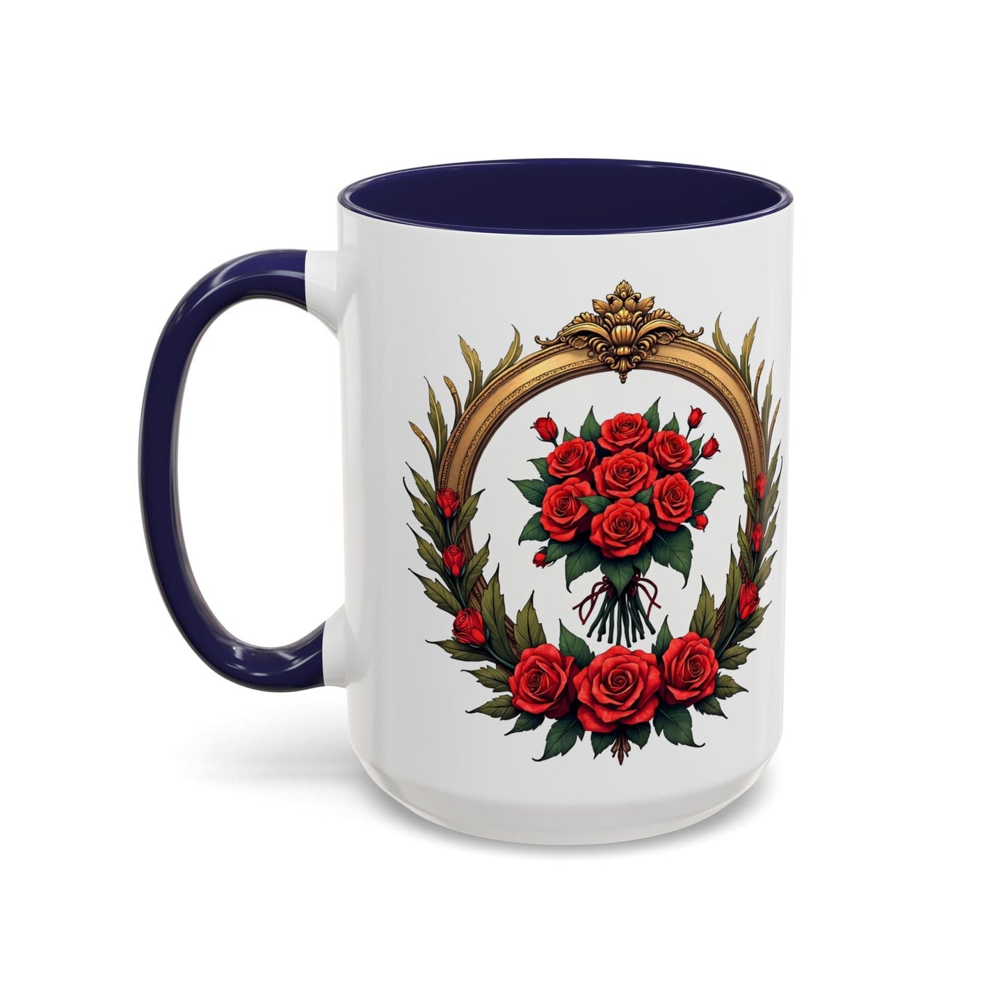 Printify Mug 15oz / Navy Floral Fantasy Mug Bright and Cheerful Gift for Loved Ones Romantic Present Celebrate Lovers Beautiful Moments QR Quote Video Keepsake