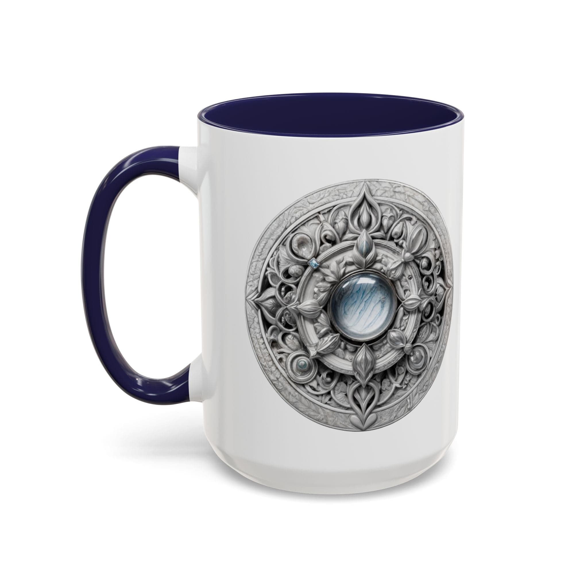 Printify Mug 15oz / Navy Moonstone Gemstone Coffee Mug with Empowering Quote and QR Code Perfect for Mystics and Creative Spirits Beautiful Crystal Lovers