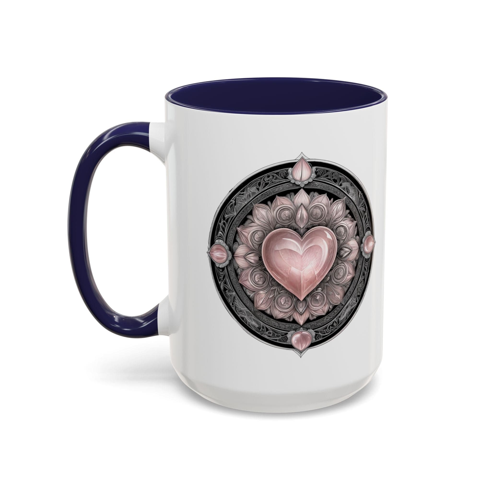 Printify Mug 15oz / Navy Rose Quartz Love Crystal Coffee Mug with Heartwarming Quote and QR Code Beautiful Gemstone Gift for Valentines Day or Mothers Day