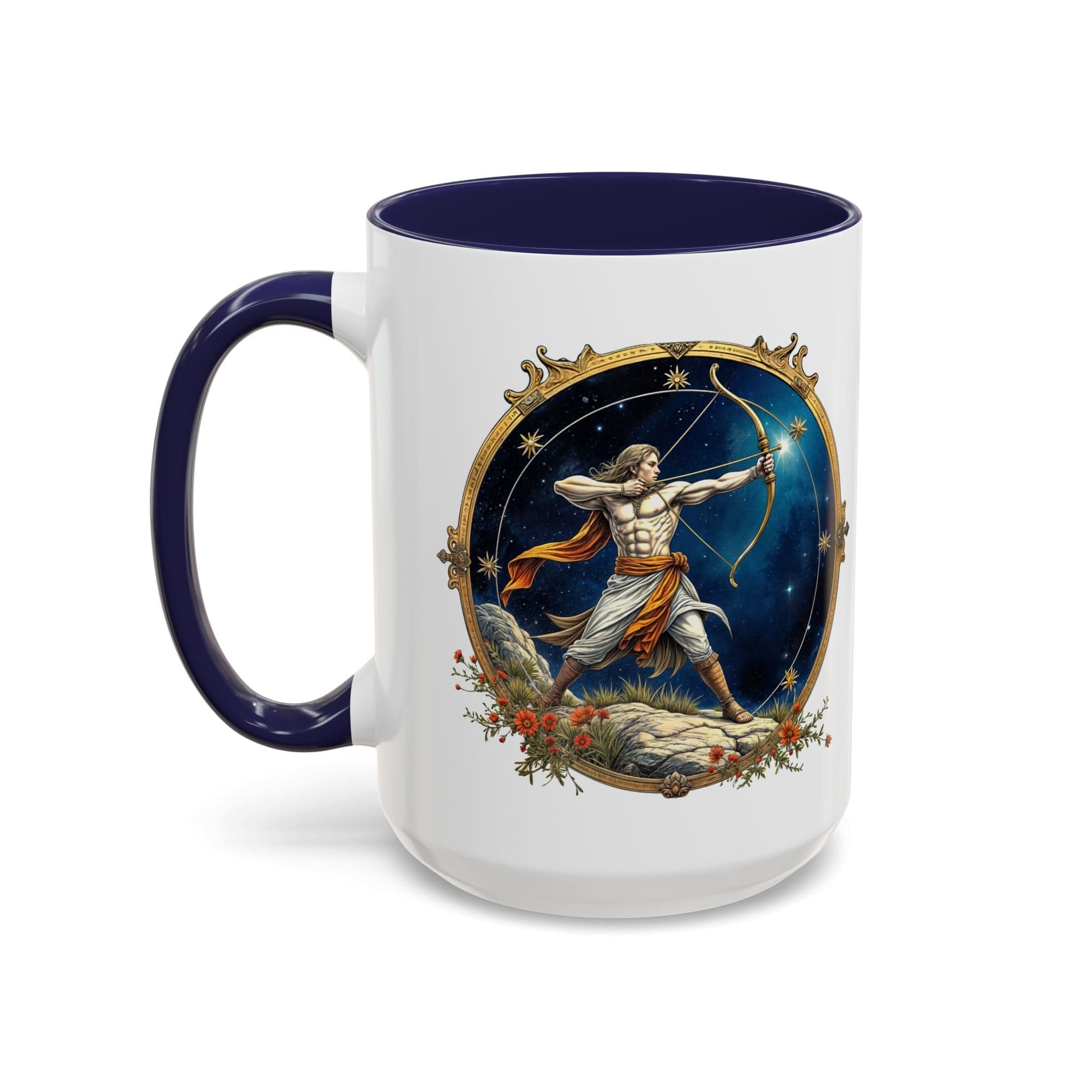 Printify Mug 15oz / Navy Sagittarius Zodiac Coffee Mug with Inspirational Quote and Smart QR Code Adventurous Astrology Gift Horoscope Mug for Sagittarius Fans