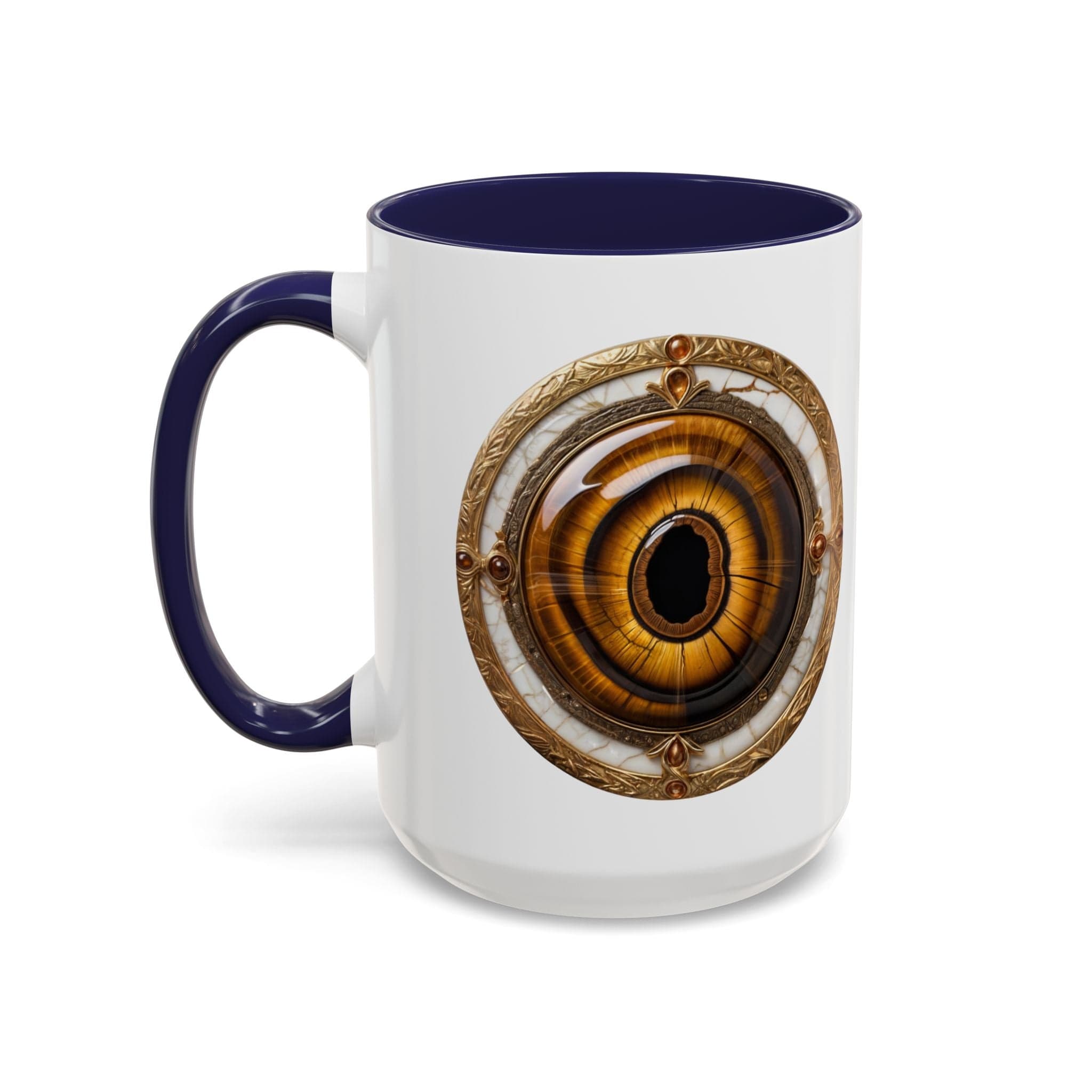 Printify Mug 15oz / Navy Tigers Eye Crystal Coffee Mug with Empowering Quote and QR Code Great Gemstone Gift for Adventurers and Goal Setter Lovers