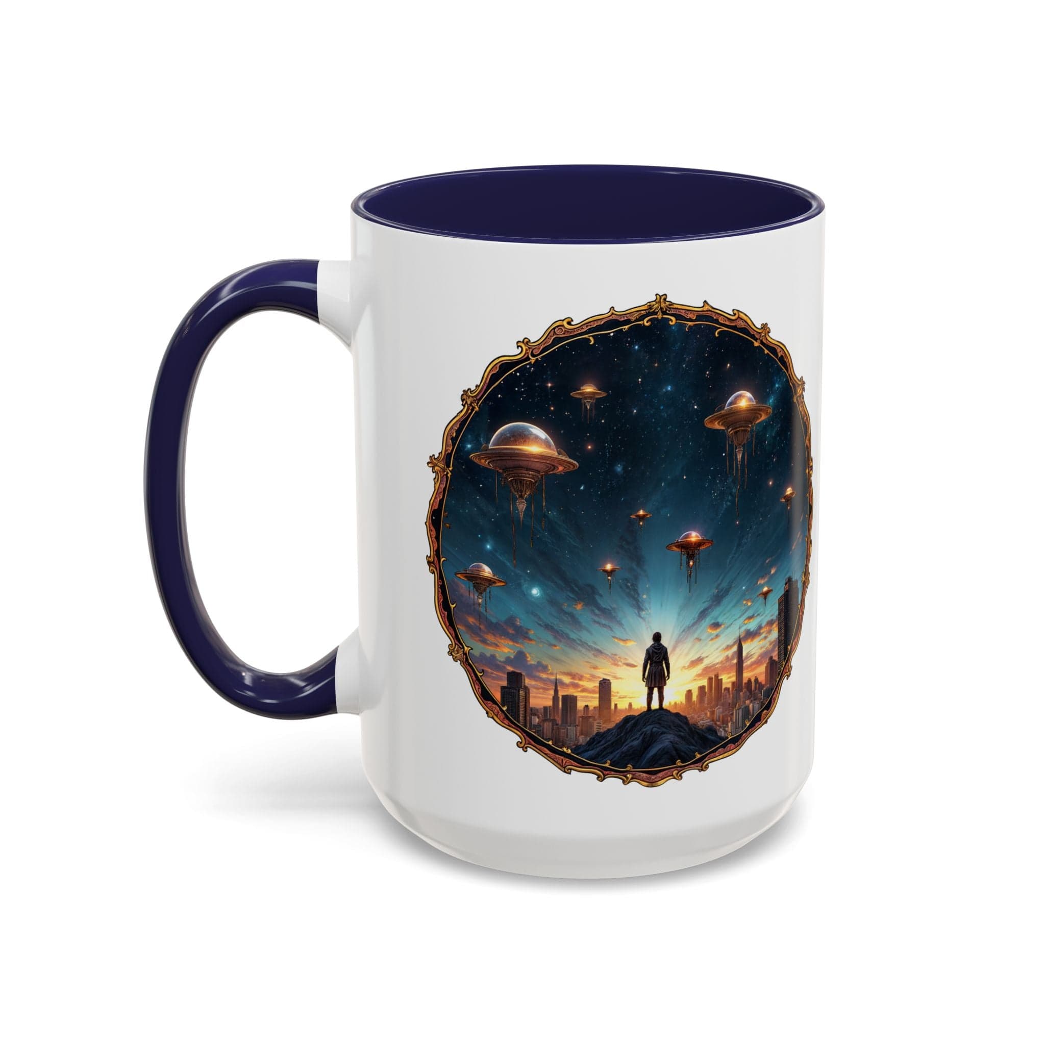 Printify Mug 15oz / Navy UFO Coffee Mug Featuring Alien Family Reunion Quote - for Intergalactic Traveler Who Love Unique Quirky Gift Alien Jokes QR Code Quote Video
