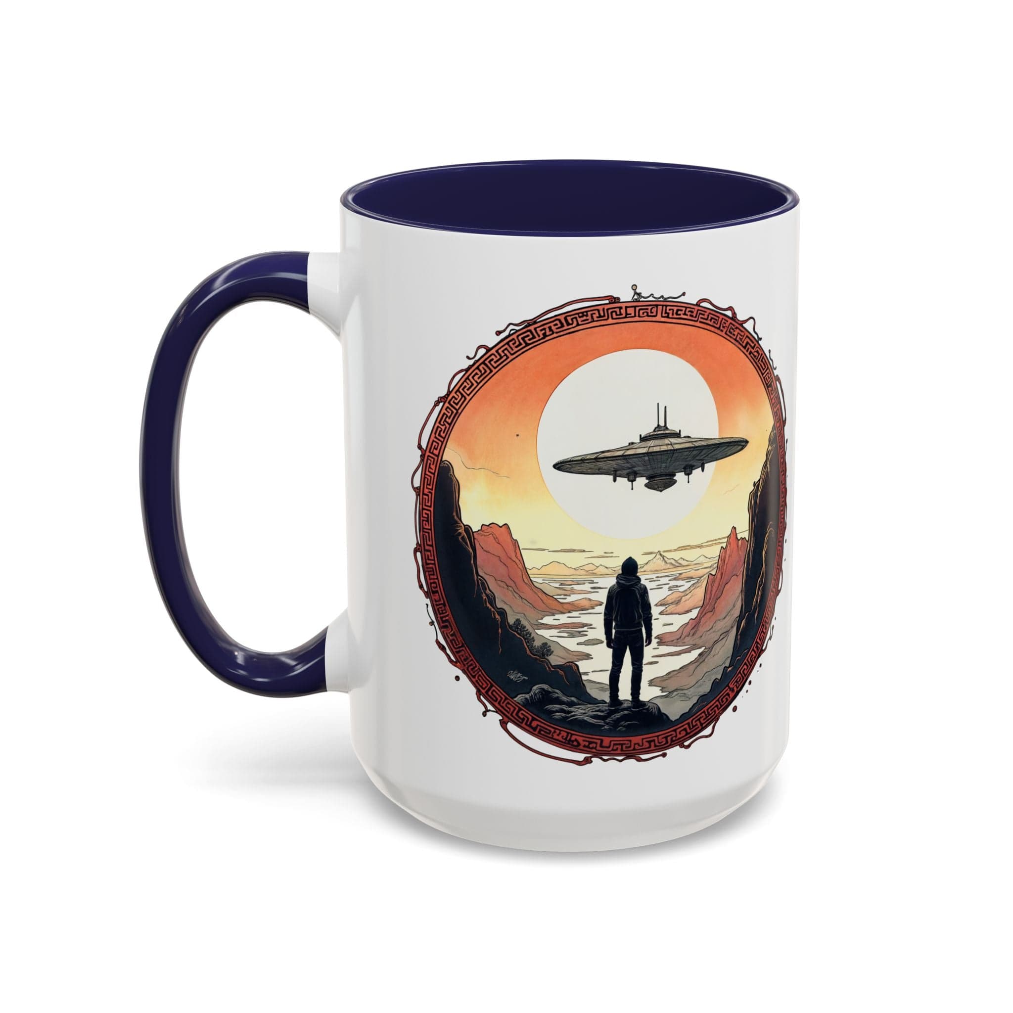 Printify Mug 15oz / Navy UFO Coffee Mug with Silly Missing Socks Quote for Skeptical Believers - Who Adore Unique Quirky Hilarious Alien Humor QR Code Quote Video