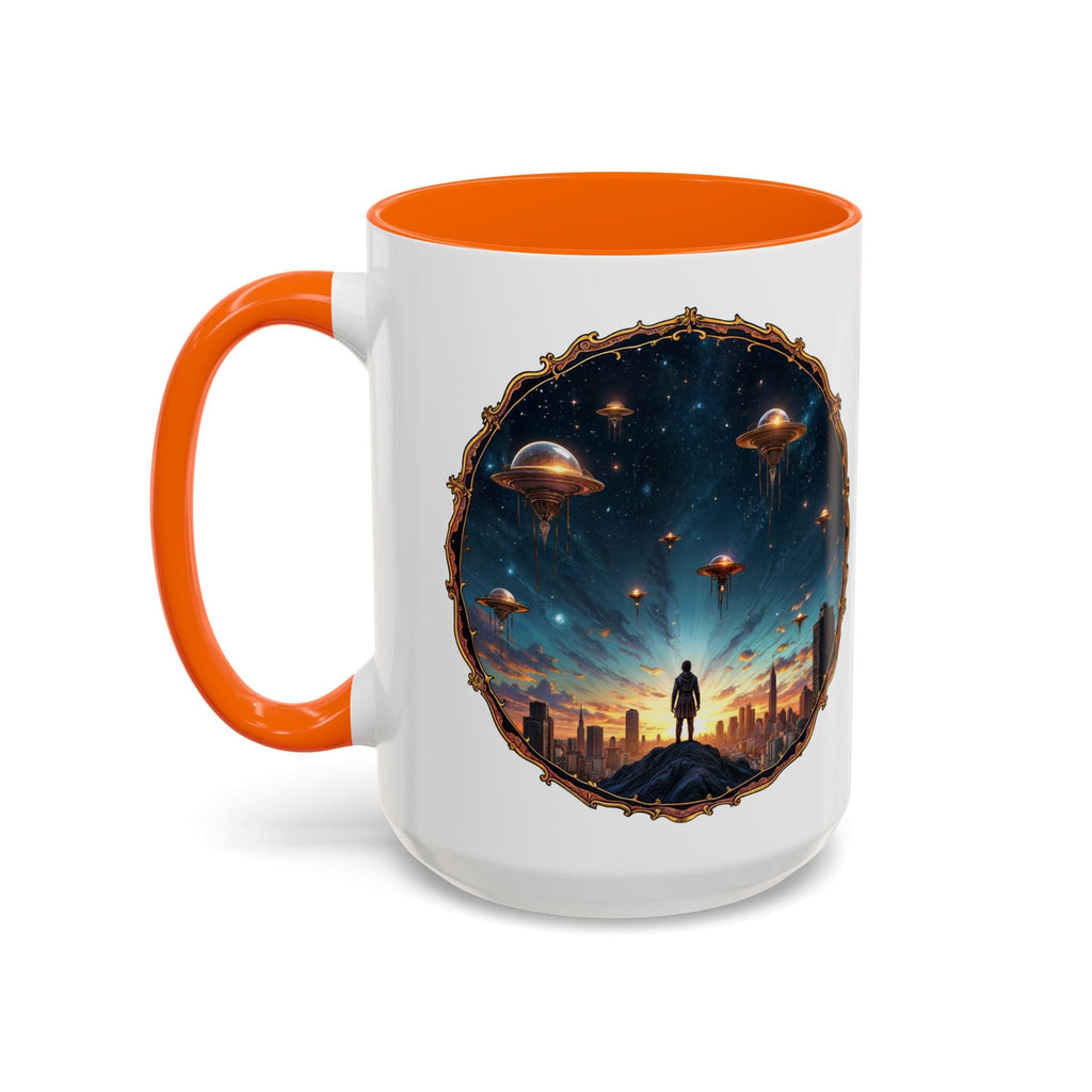 Printify Mug 15oz / Orange UFO Coffee Mug Featuring Alien Family Reunion Quote - for Intergalactic Traveler Who Love Unique Quirky Gift Alien Jokes QR Code Quote Video
