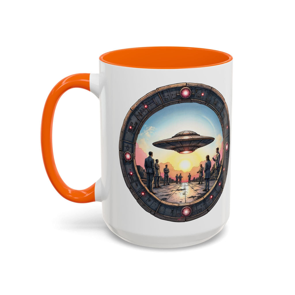 Printify Mug 15oz / Orange UFO Coffee Mug with Funny Conspiracy Theory Quotes - for Enthusiasts Who Enjoy Mysterious Area 51 Humor Unique Gift Idea QR Code Quote Video