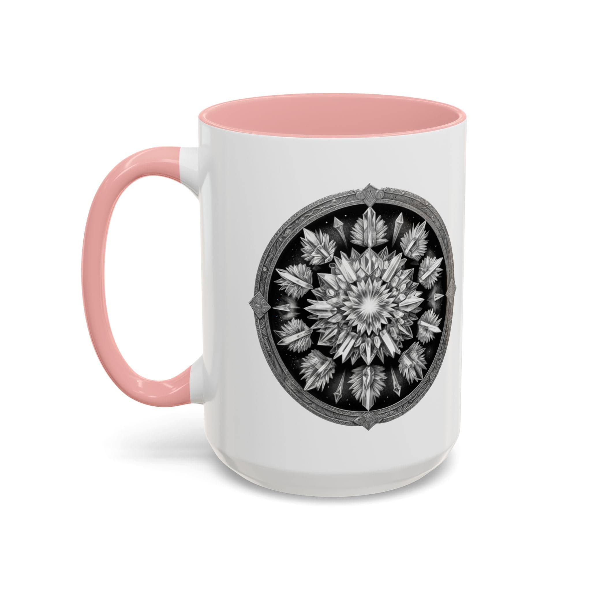 Printify Mug 15oz / Pink Clear Quartz Gemstone Coffee Mug with Empowering Quote and QR Code Perfect for Crystal Manifestation and Meditation Enthusiasts