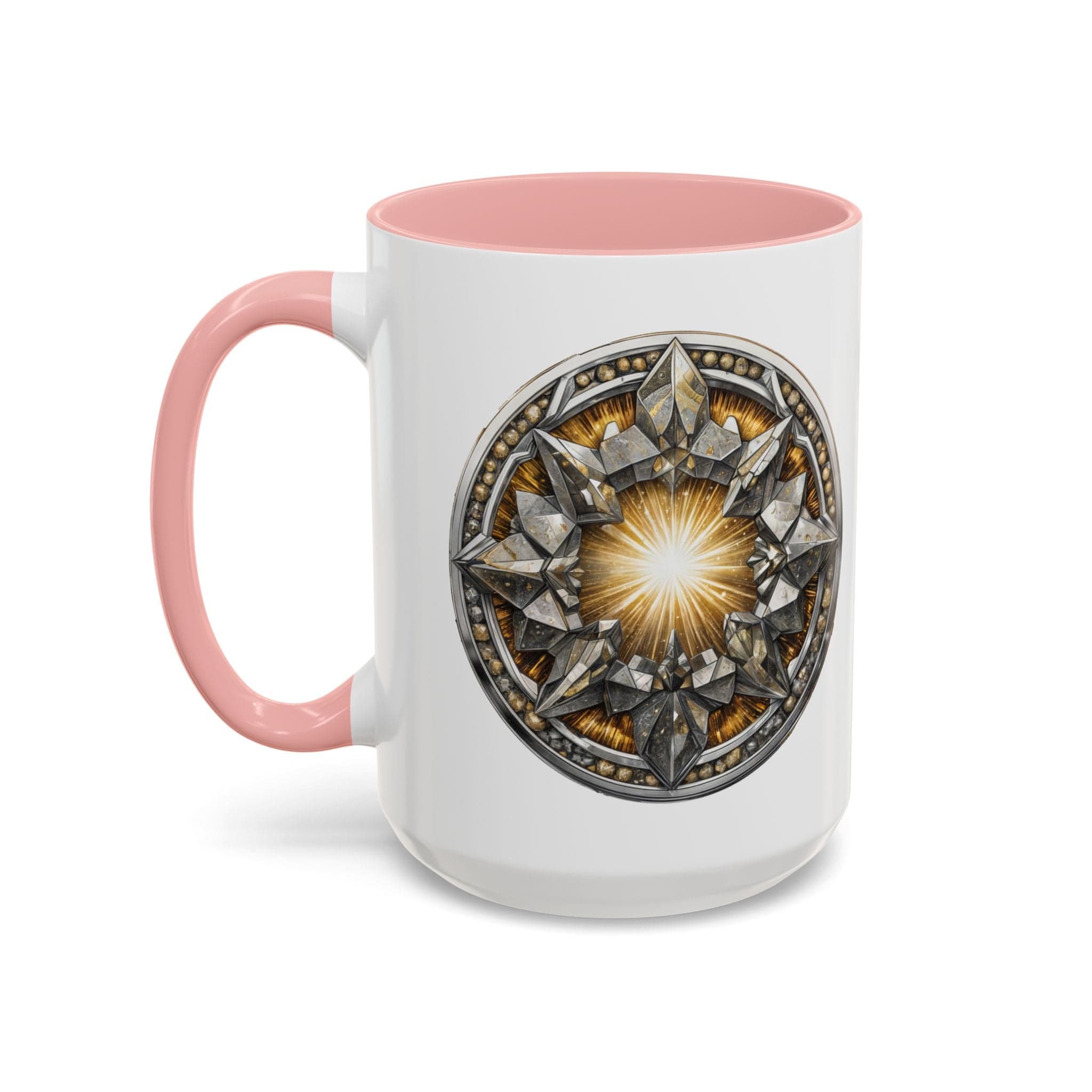 Printify Mug 15oz / Pink Pyrite Gemstone Coffee Mug with Uplifting Quote and QR Code Perfect for Achievers and Positive Vibes Enthusiasts Crystal Lovers