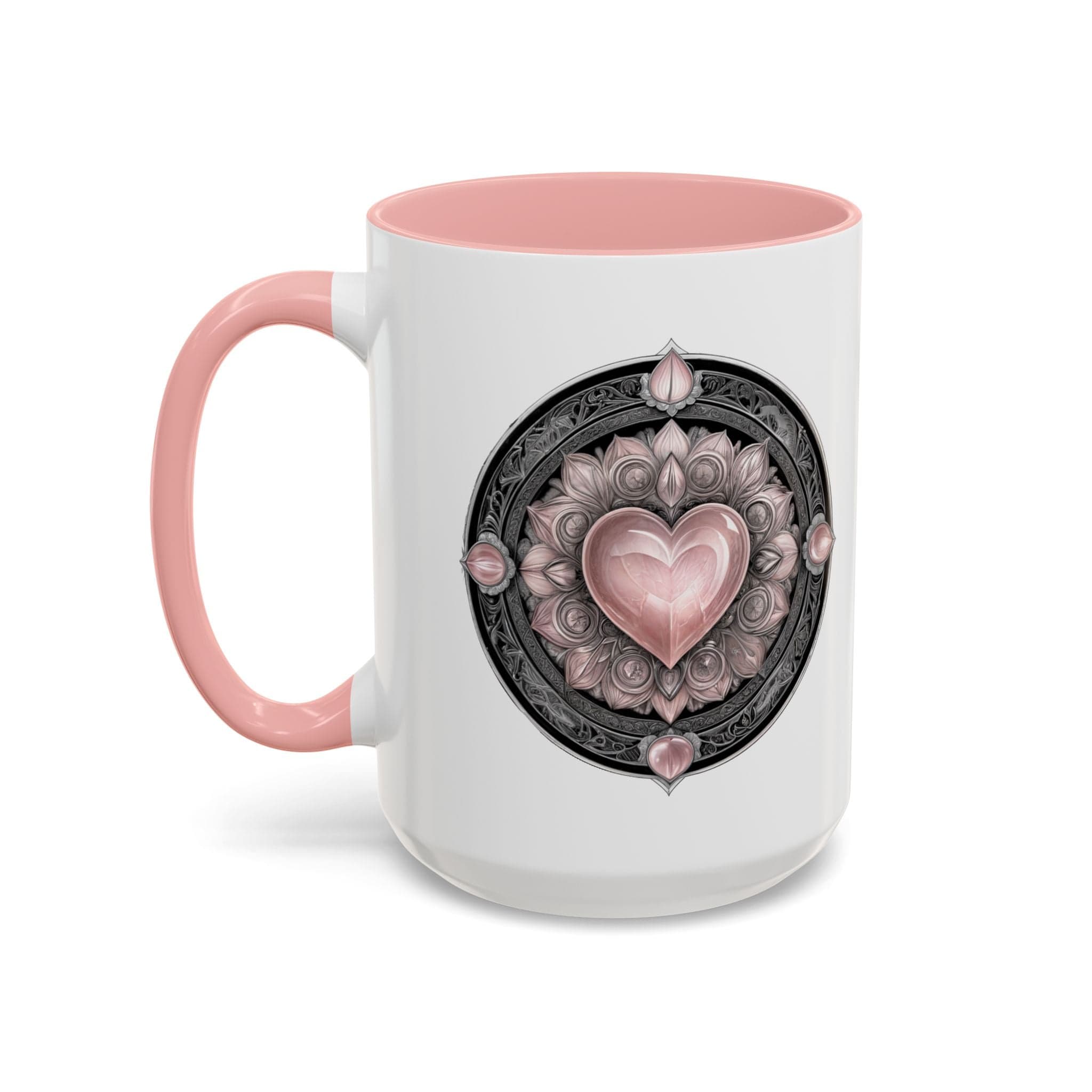 Printify Mug 15oz / Pink Rose Quartz Love Crystal Coffee Mug with Heartwarming Quote and QR Code Beautiful Gemstone Gift for Valentines Day or Mothers Day