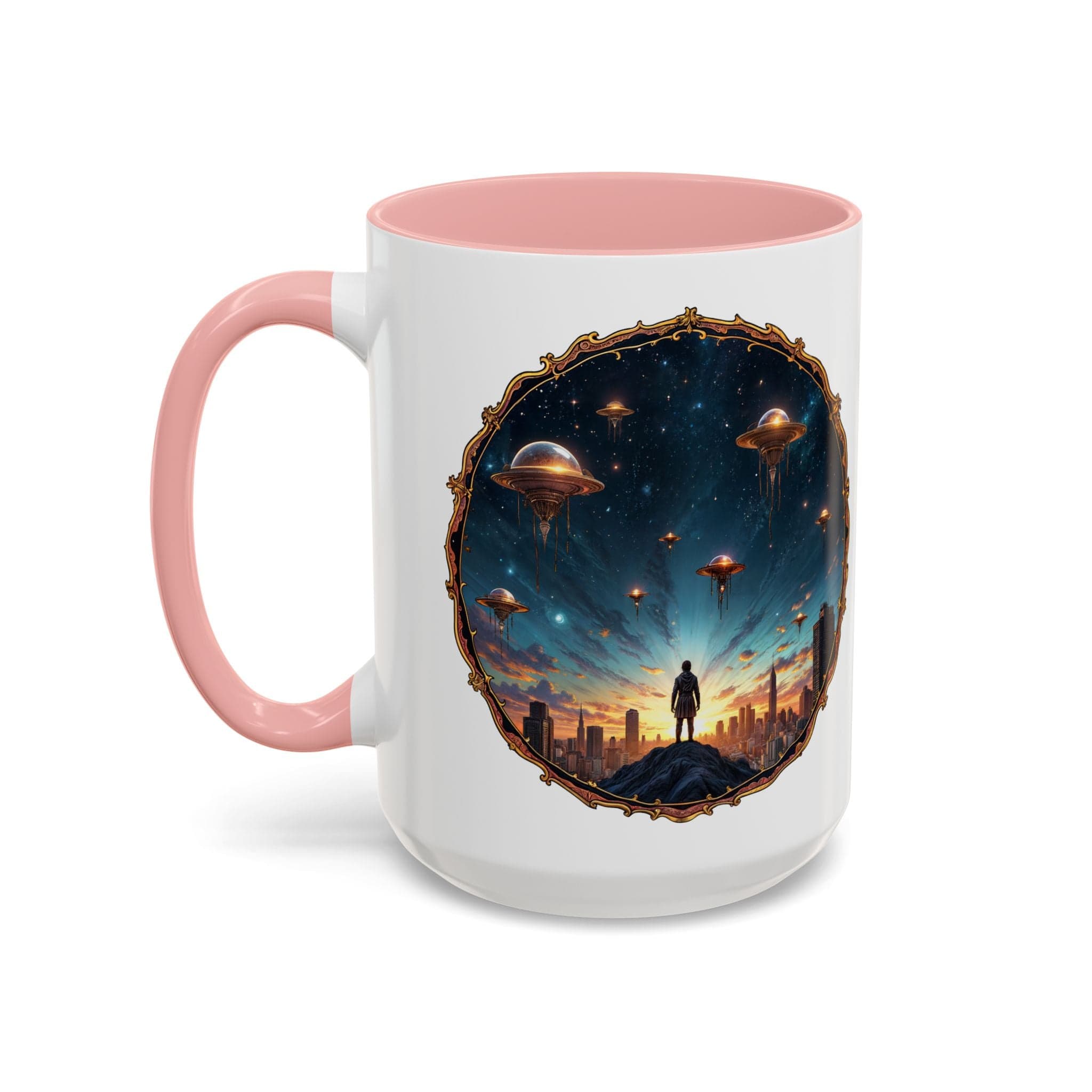 Printify Mug 15oz / Pink UFO Coffee Mug Featuring Alien Family Reunion Quote - for Intergalactic Traveler Who Love Unique Quirky Gift Alien Jokes QR Code Quote Video