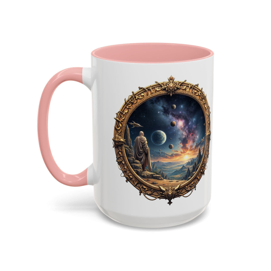 Printify Mug 15oz / Pink UFO Coffee Mug with Earth Pizza Quote for Space Enthusiasts - Who Love Unique Gift Funny Intergalactic Space Humor QR Code Quote Video