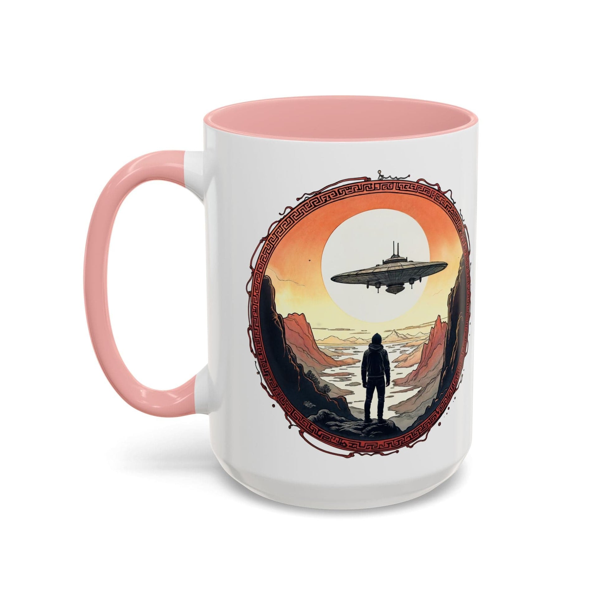 Printify Mug 15oz / Pink UFO Coffee Mug with Silly Missing Socks Quote for Skeptical Believers - Who Adore Unique Quirky Hilarious Alien Humor QR Code Quote Video