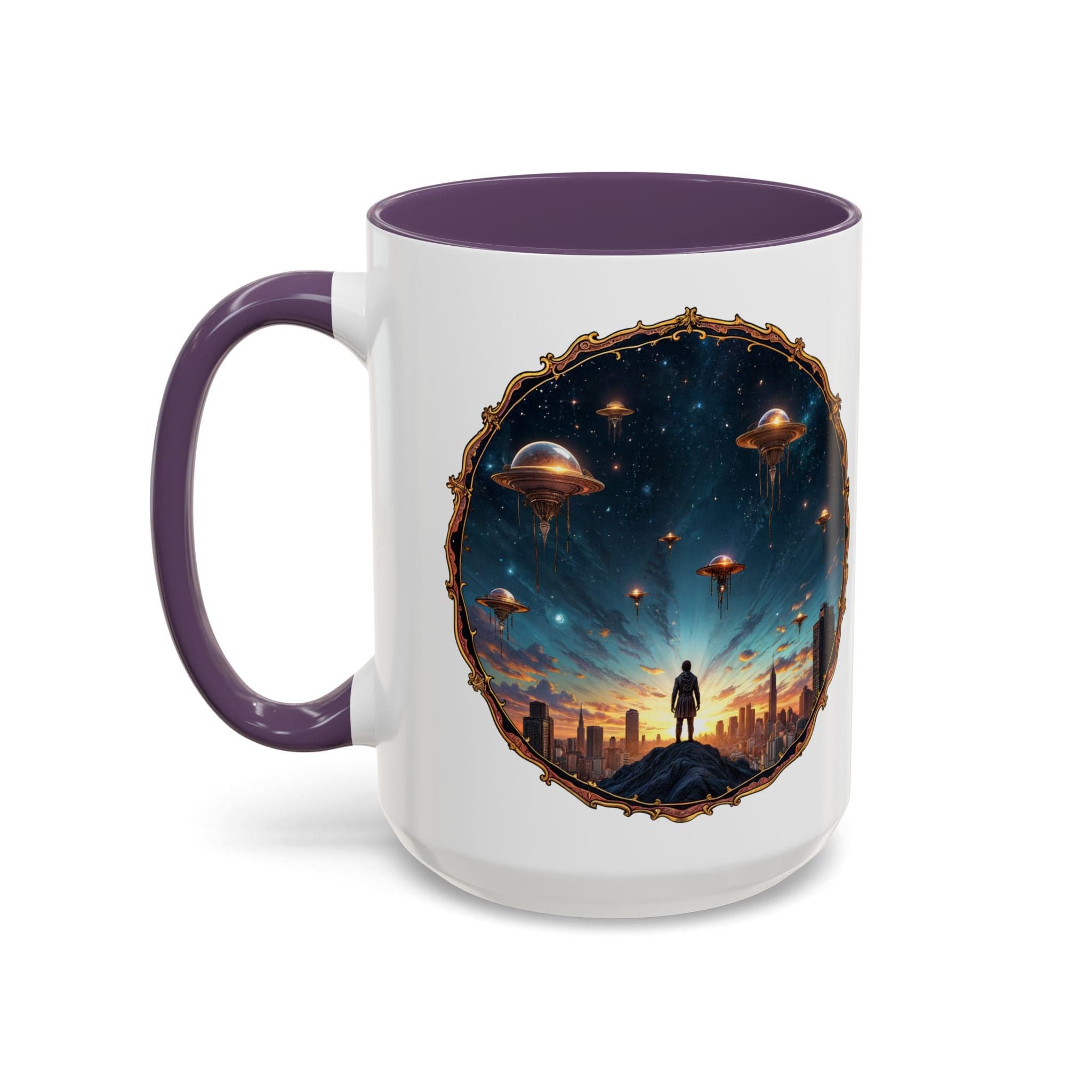 Printify Mug 15oz / Purple UFO Coffee Mug Featuring Alien Family Reunion Quote - for Intergalactic Traveler Who Love Unique Quirky Gift Alien Jokes QR Code Quote Video