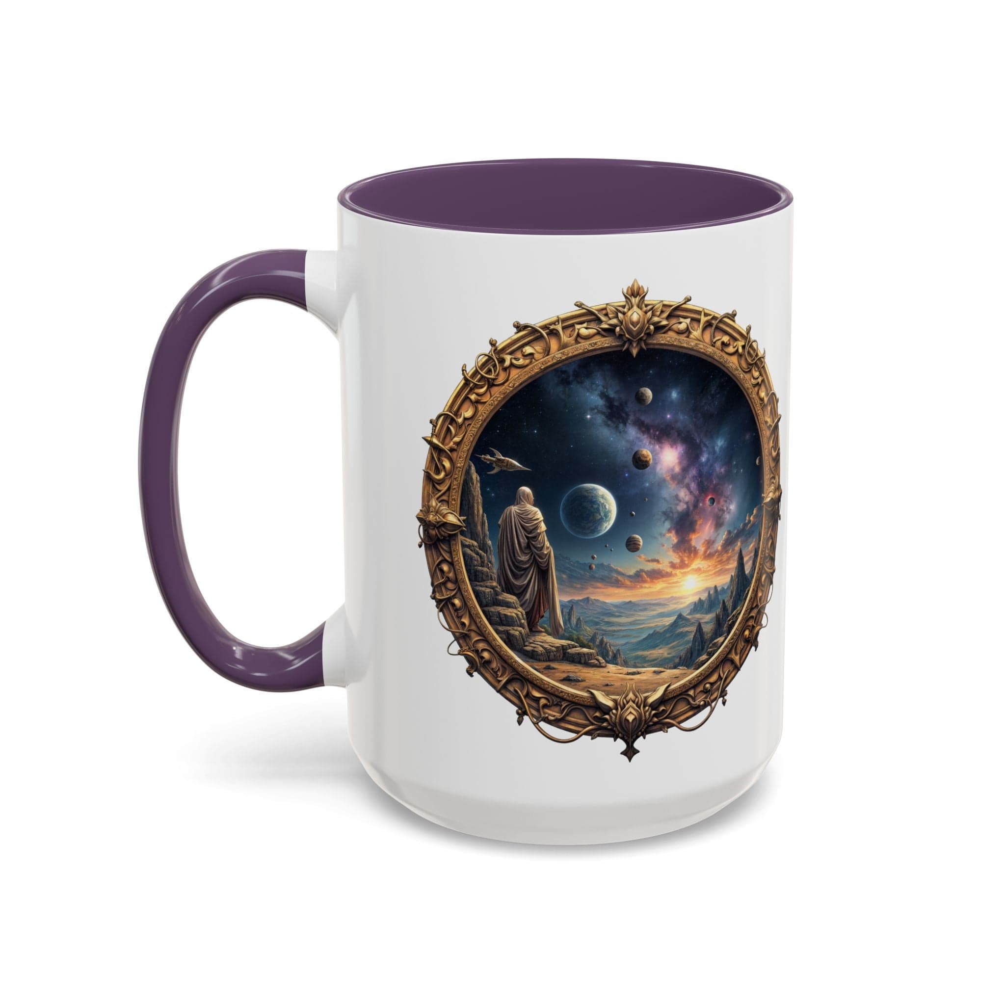 Printify Mug 15oz / Purple UFO Coffee Mug with Earth Pizza Quote for Space Enthusiasts - Who Love Unique Gift Funny Intergalactic Space Humor QR Code Quote Video