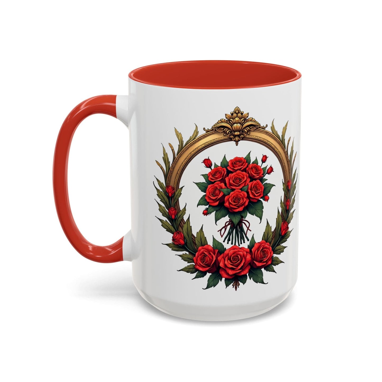 Printify Mug 15oz / Red Floral Fantasy Mug Bright and Cheerful Gift for Loved Ones Romantic Present Celebrate Lovers Beautiful Moments QR Quote Video Keepsake