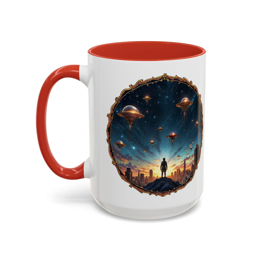 Printify Mug 15oz / Red UFO Coffee Mug Featuring Alien Family Reunion Quote - for Intergalactic Traveler Who Love Unique Quirky Gift Alien Jokes QR Code Quote Video