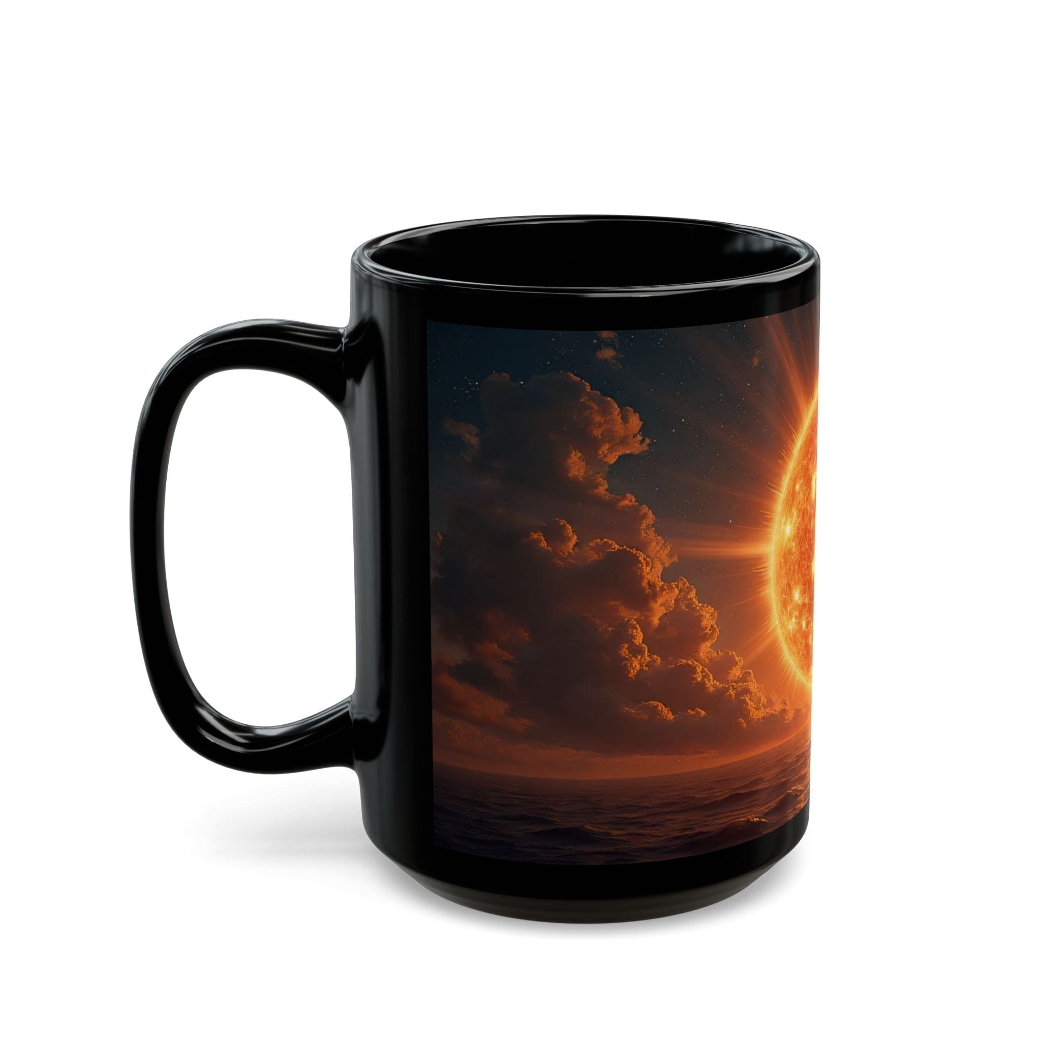 Printify Mug 15oz Vibrant Sun-Inspired Black Ceramic Mug for Coffee, Tea & Hot Beverages - Unique Sunrise Lover Gift