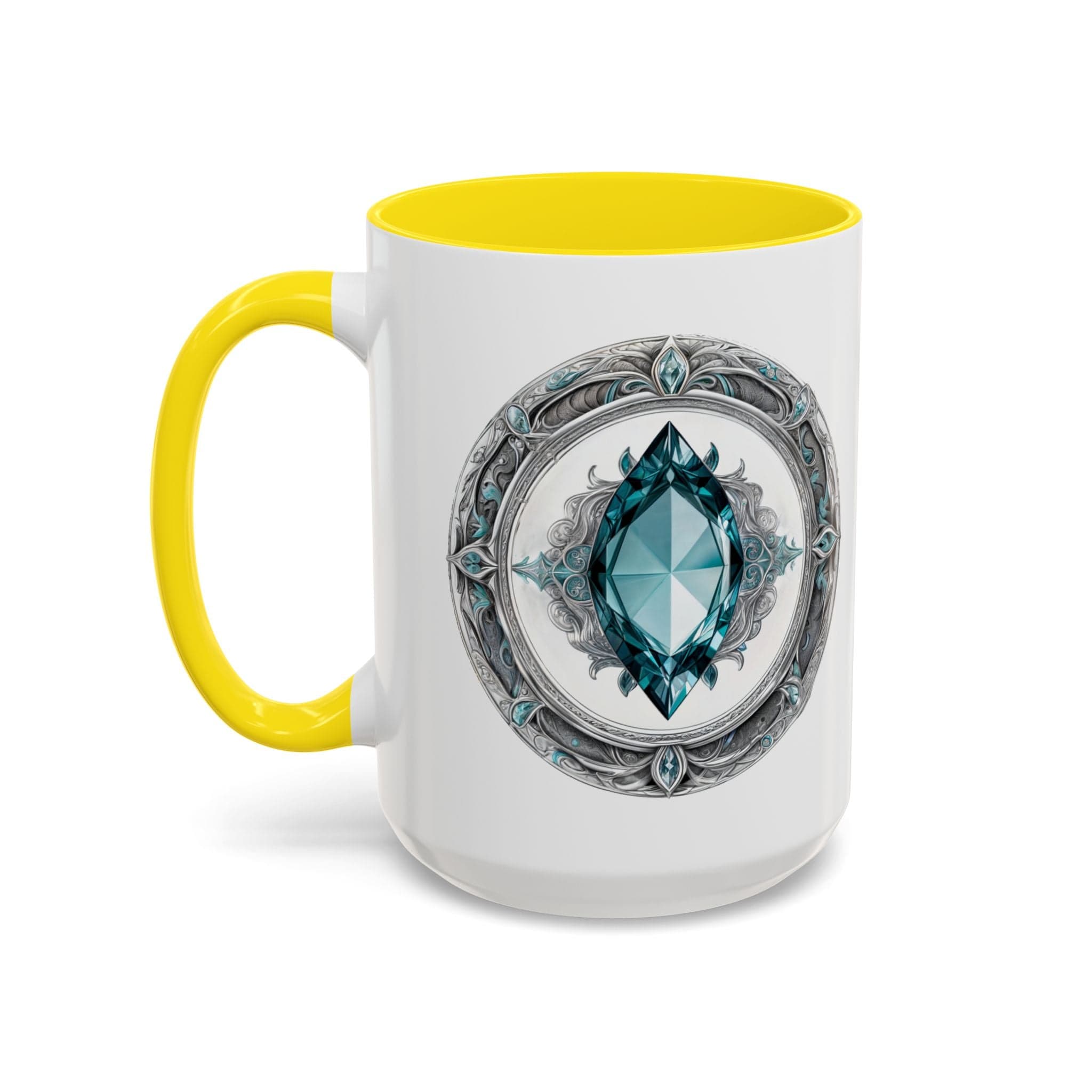 Printify Mug 15oz / Yellow Aquamarine Crystal Coffee Mug with Soothing Quote and QR Code Great Gift for Ocean Lovers Gemstone and Meditation Enthusiasts