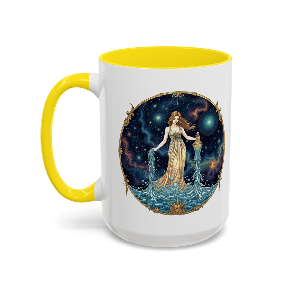 Printify Mug 15oz / Yellow Aquarius Zodiac Coffee Mug with Inspirational Quote and Smart QR Code Trendy Astrology Gift Personalized Horoscope Mug for Aquarius Lovers