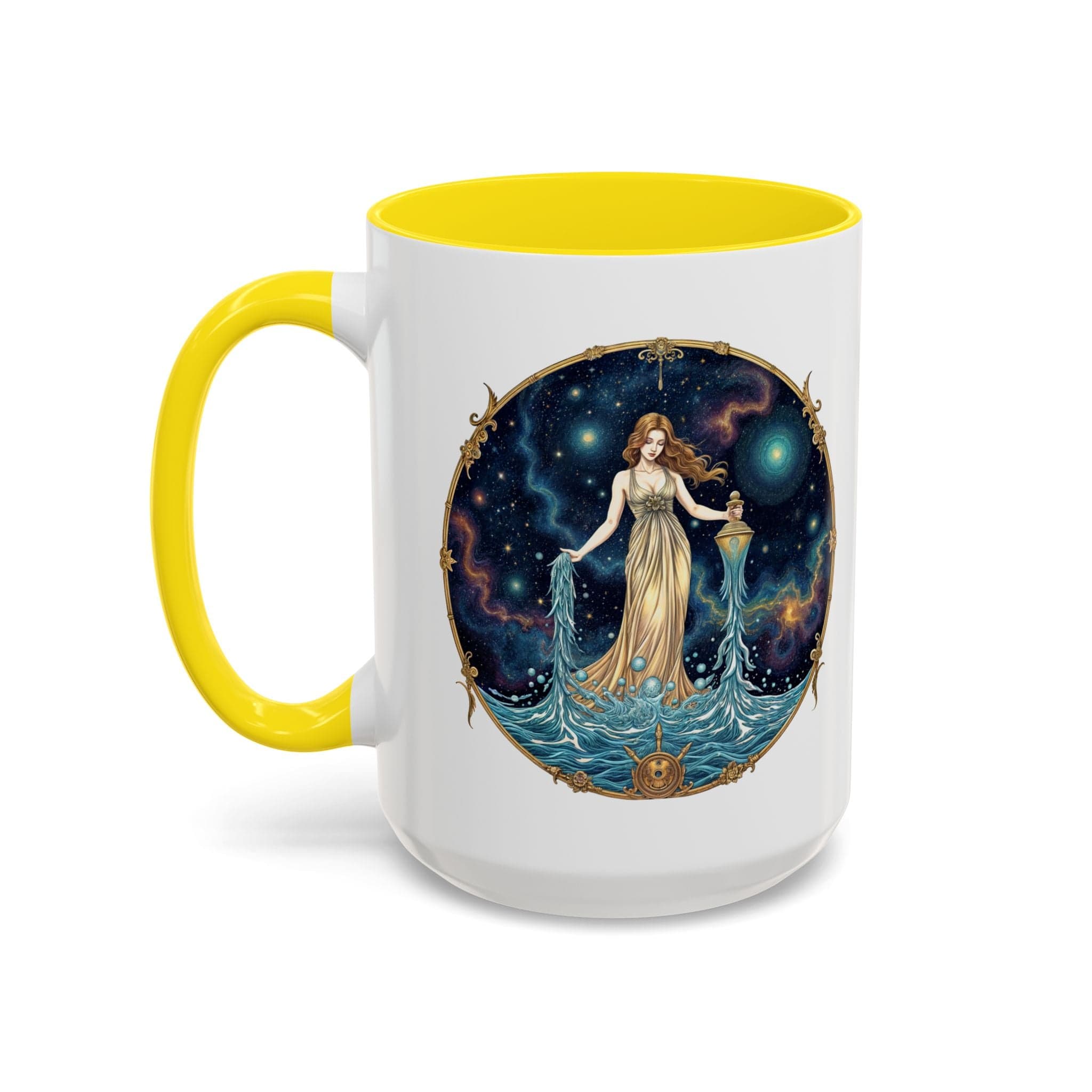 Printify Mug 15oz / Yellow Aquarius Zodiac Coffee Mug with Inspirational Quote and Smart QR Code Trendy Astrology Gift Personalized Horoscope Mug for Aquarius Lovers
