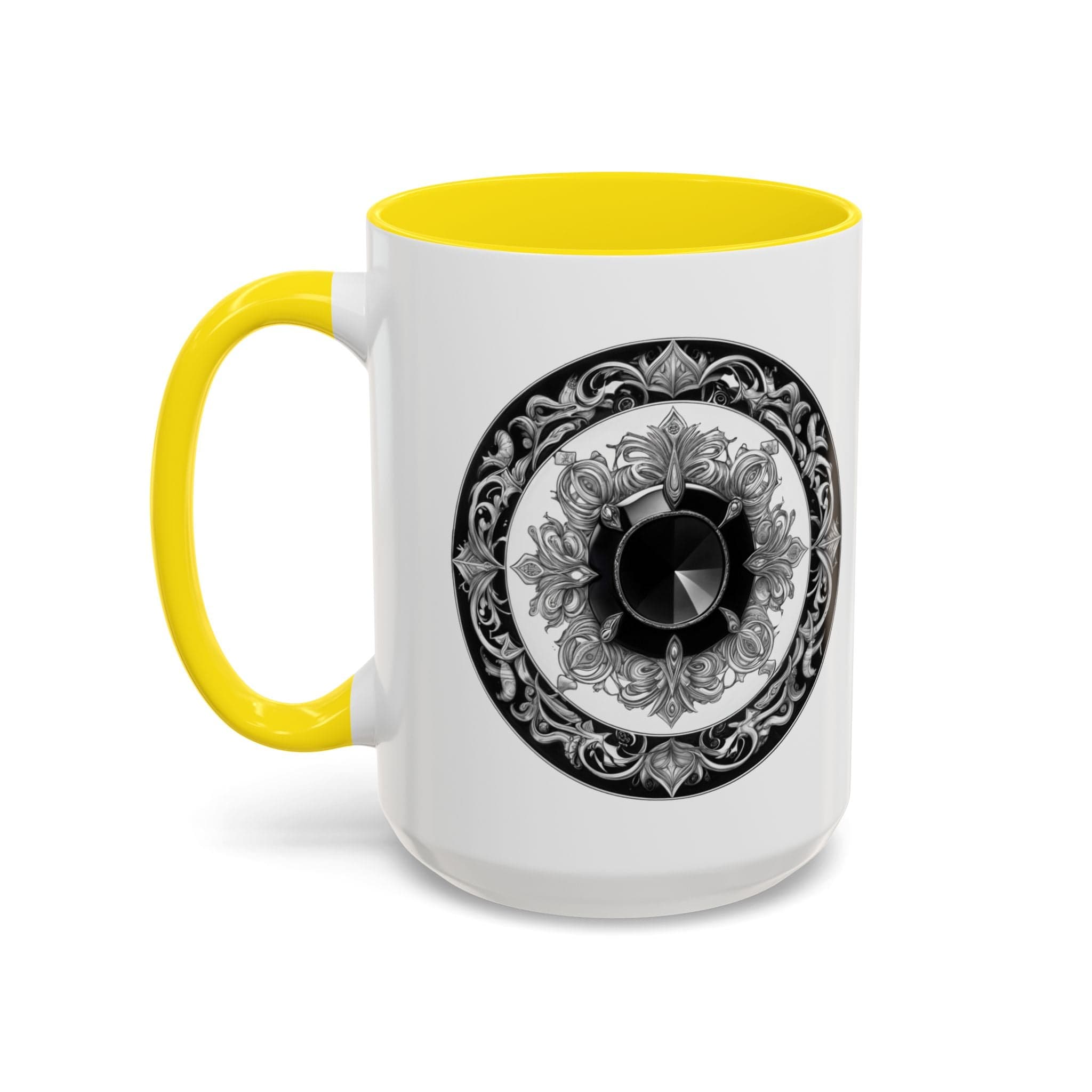 Printify Mug 15oz / Yellow Black Tourmaline Gemstone Coffee Mug with Grounding Quote and QR Code Perfect Crystal Shield for Home and Office Unique Drinkware