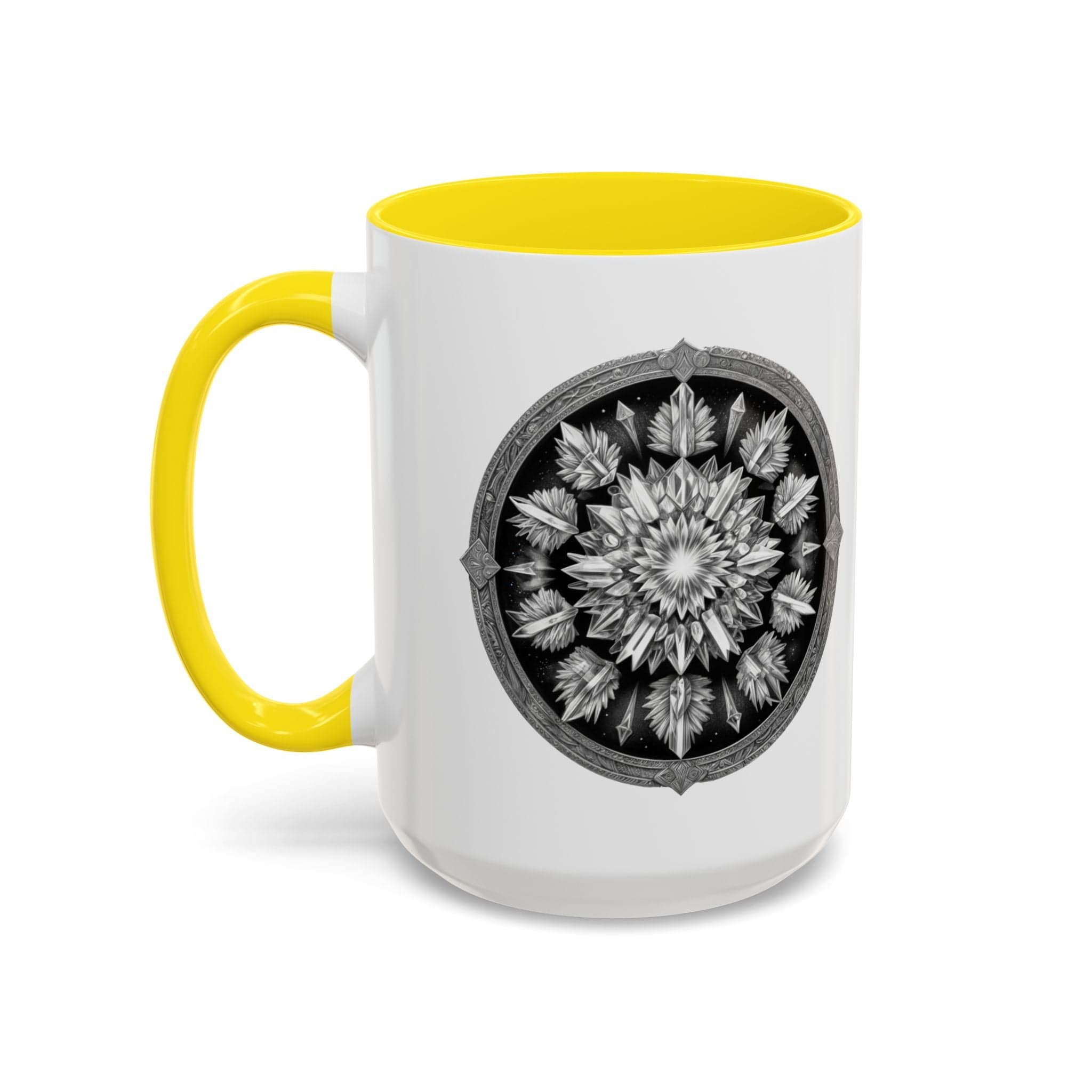 Printify Mug 15oz / Yellow Clear Quartz Gemstone Coffee Mug with Empowering Quote and QR Code Perfect for Crystal Manifestation and Meditation Enthusiasts