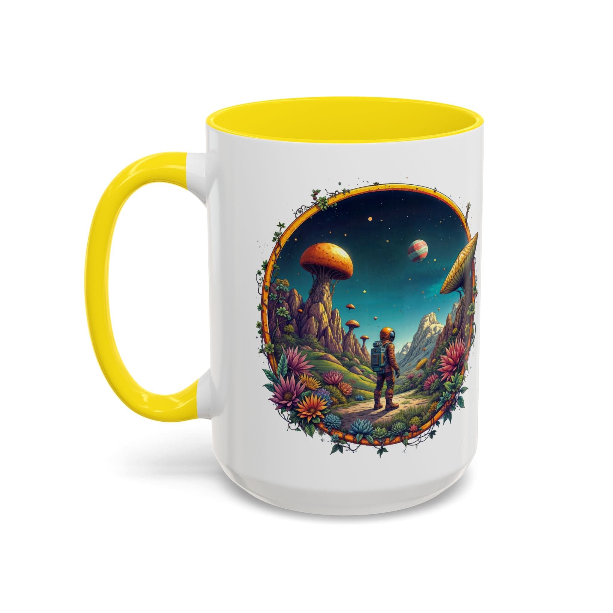 Printify Mug 15oz / Yellow Mug - Cosmic Explorer - UFO & Cosmic QR Code Quote Video