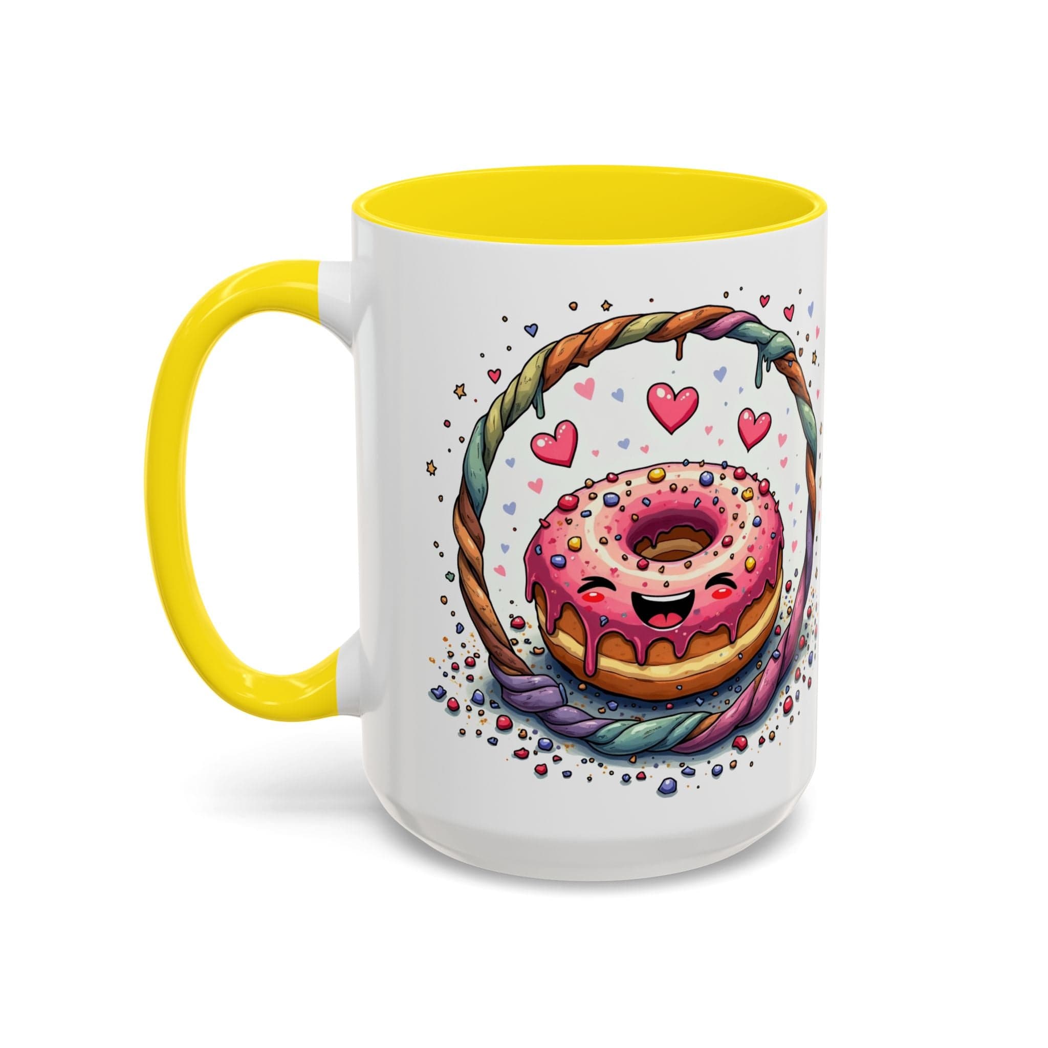 Printify Mug 15oz / Yellow Mug - Donut Worry - Love & Fun Mug with QR Code Quote Video
